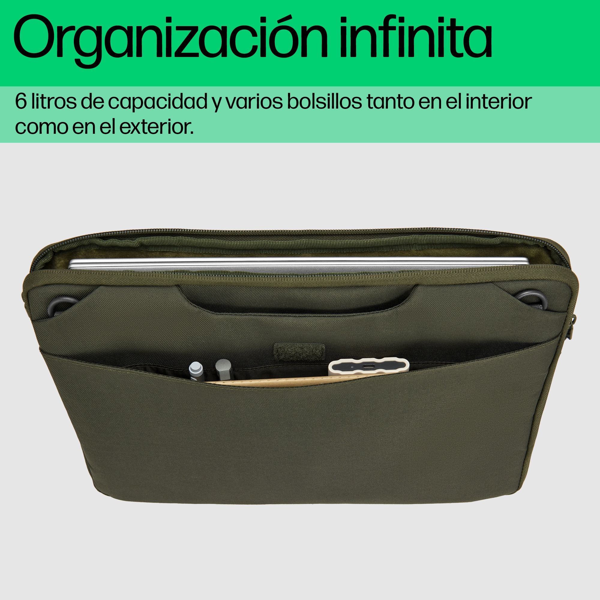 Funda de portátil verde oliva abierta, con bolígrafo y lápiz óptico. Texto: "Organización infinita".