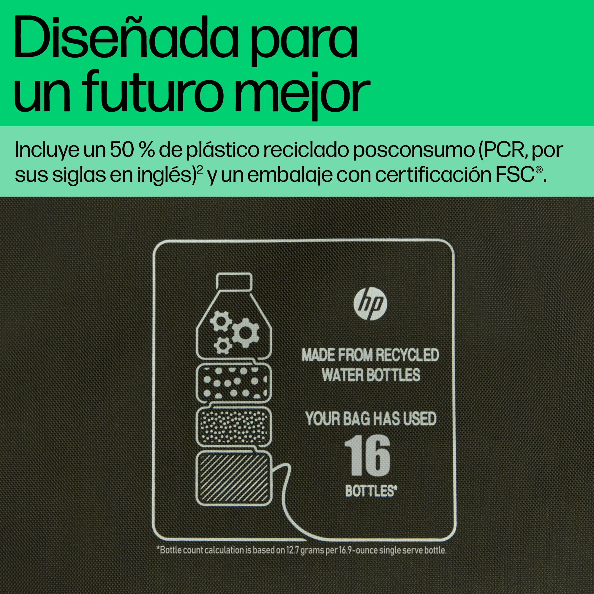 Una bolsa blanca con el logotipo de HP y el texto "Fabricada con botellas de agua recicladas".