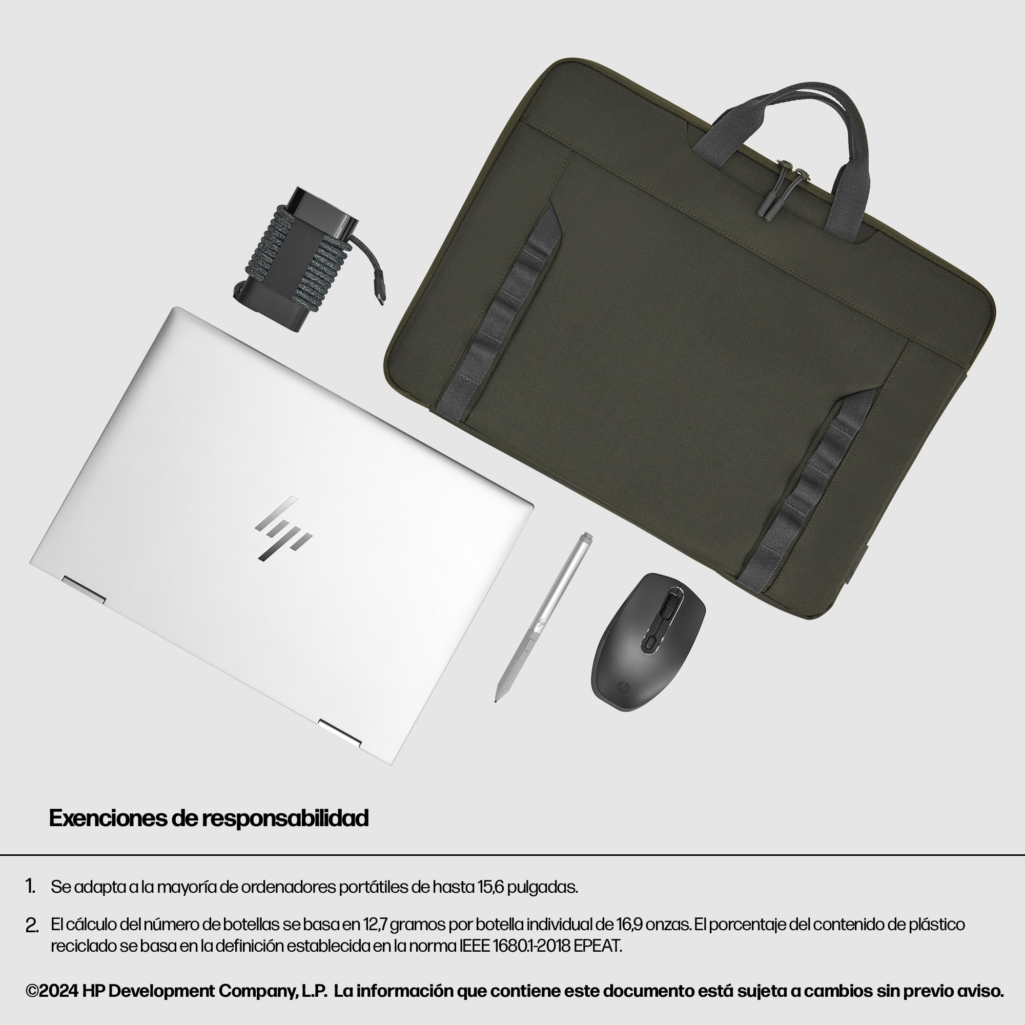 Laptop, bolso, ratón y bolígrafo sobre fondo blanco con texto.