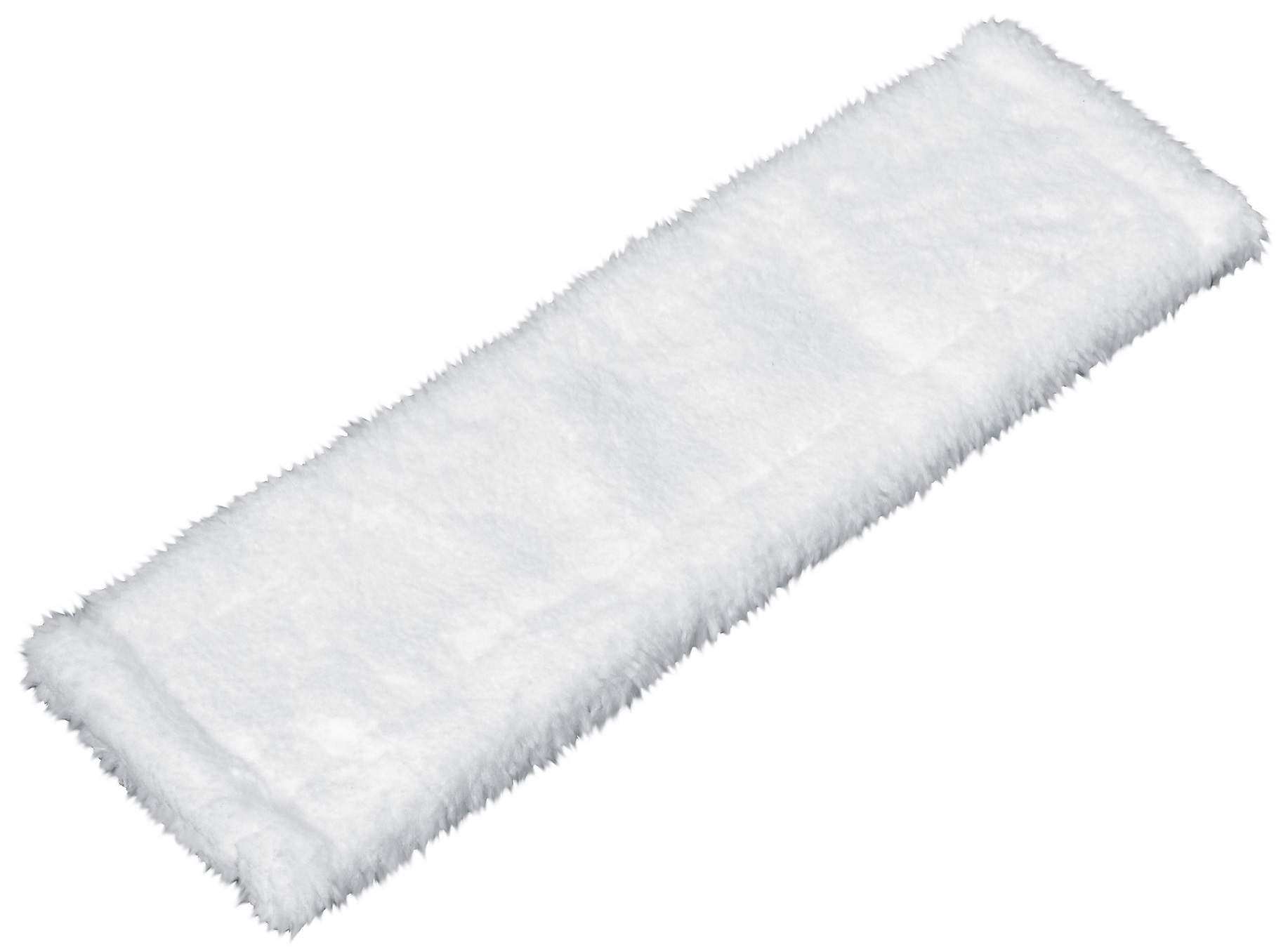 Biała, prostokątna głowica mopa z puszystego materiału, leżąca płasko na białej powierzchni.