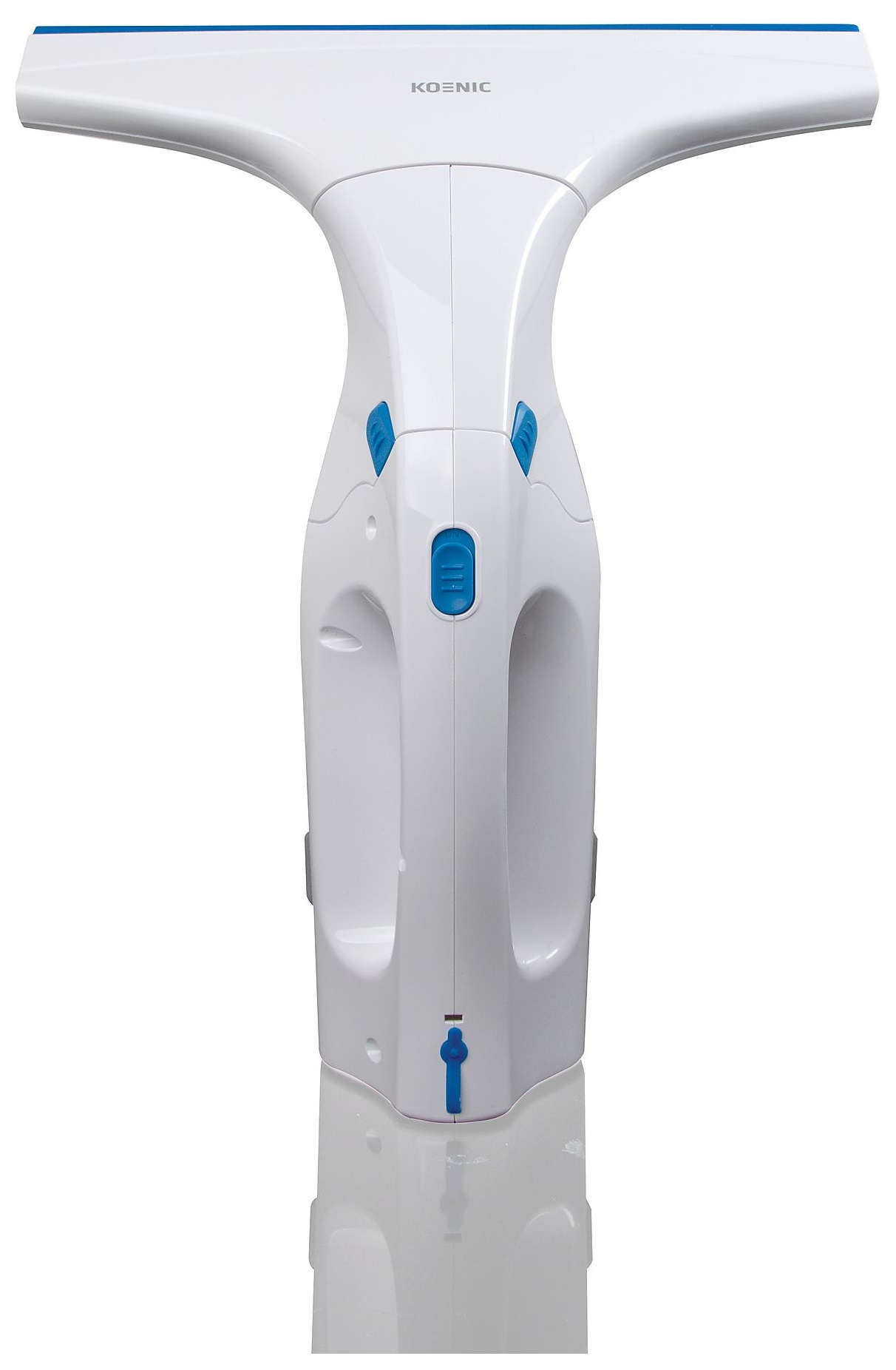 Biała myjka do okien z niebieskim ostrzem i uchwytem, widok z góry, na powierzchni.