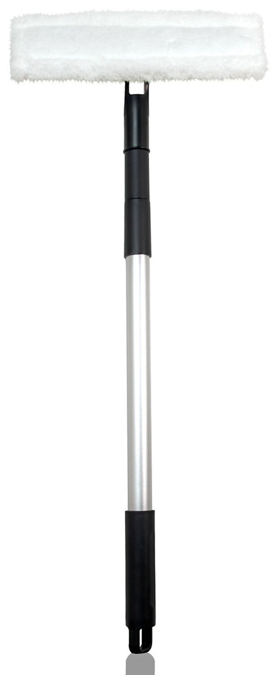 Narzędzie do czyszczenia okien z długim uchwytem, czarnym uchwytem i białą głowicą mopa.