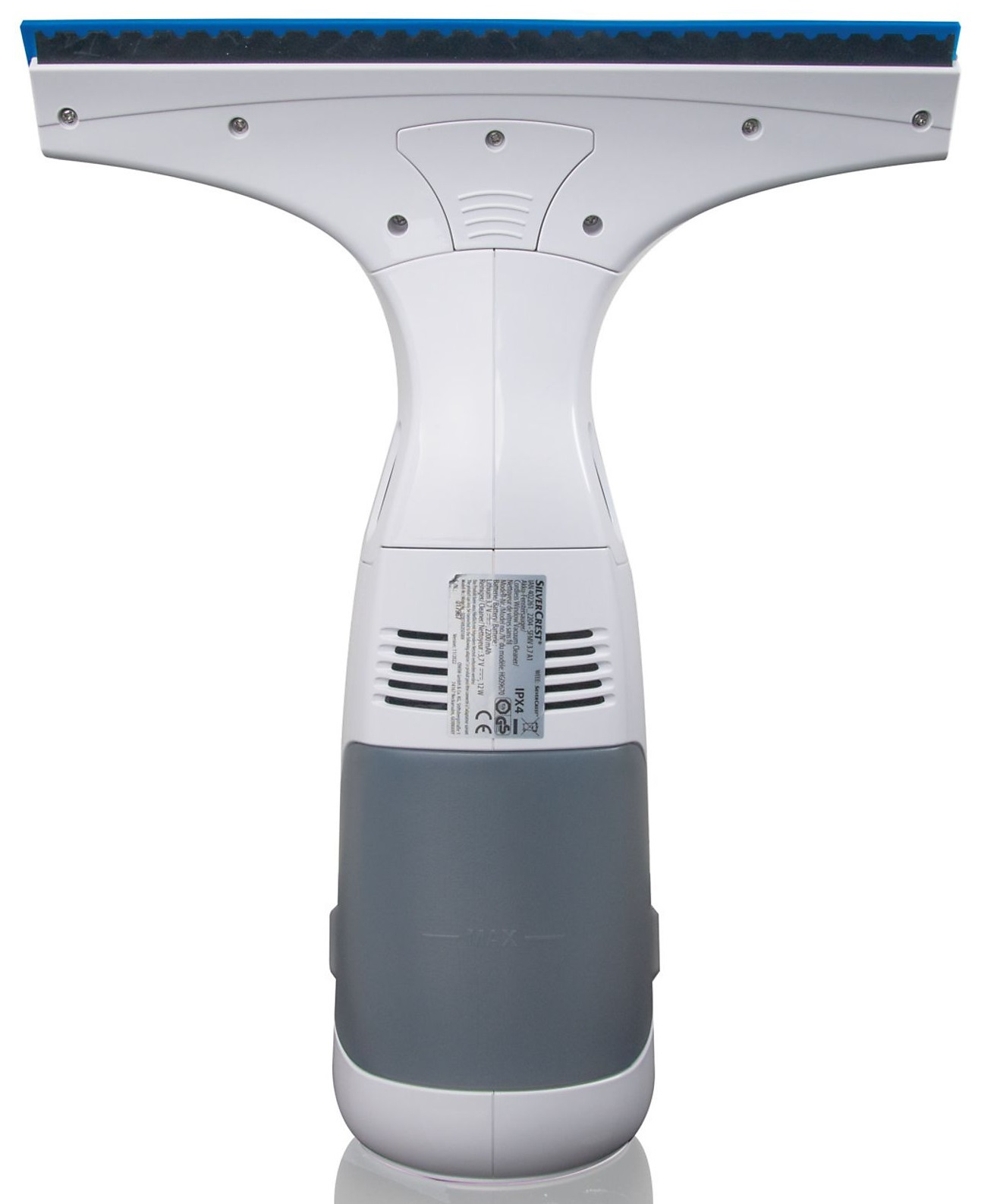 Biało-szara myjka do okien z niebieskim gumowym ostrzem.