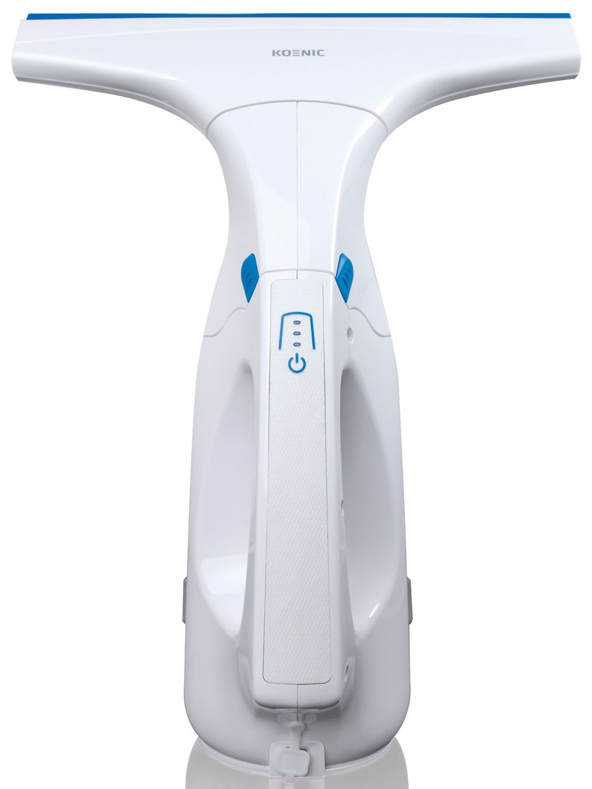 Biała myjka do okien z niebieskimi przyciskami i uchwytem, na odblaskowej powierzchni.