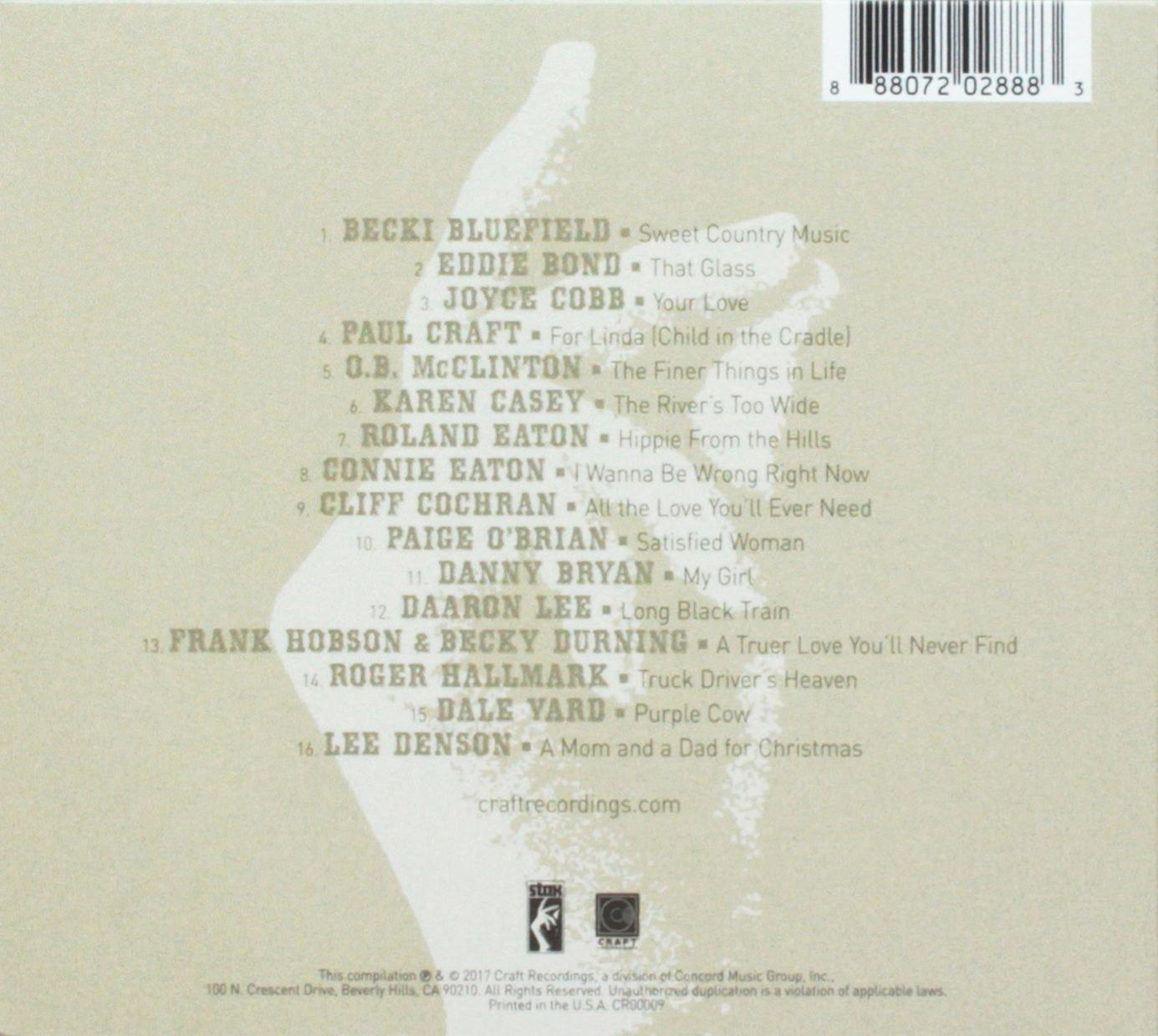 Rückseite der CD mit 16 Titeln und Interpreten, weißem Hintergrund und einem Handbild.