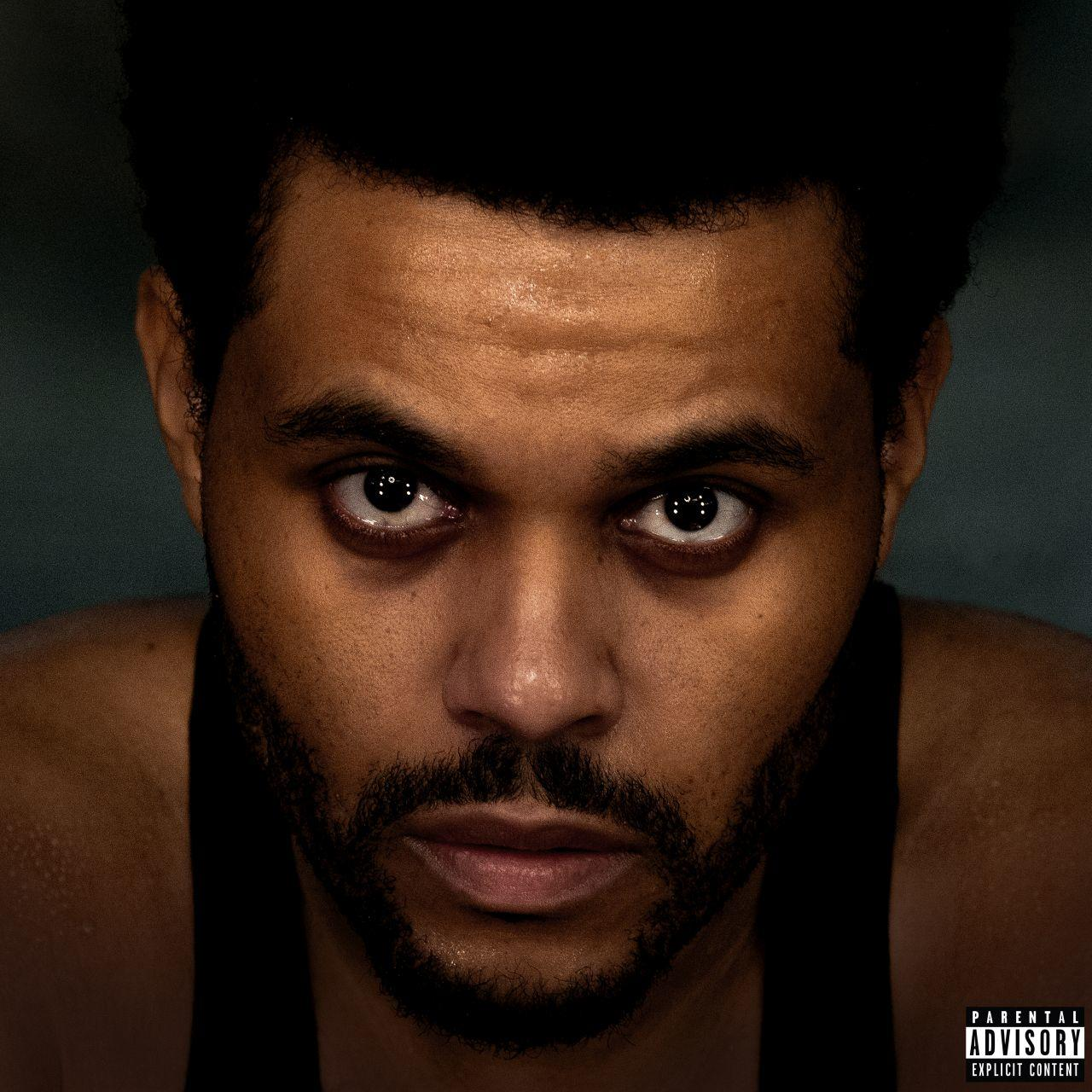 Gesicht von The Weeknd im Nahkampf. Er hat einen Bart und schaut direkt den Betrachter an.