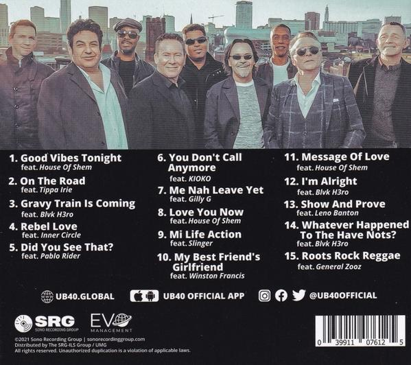 CD-Rückseite mit einer Männergruppe und 15 Titeln, mit Text und Logos auf weißem Hintergrund.