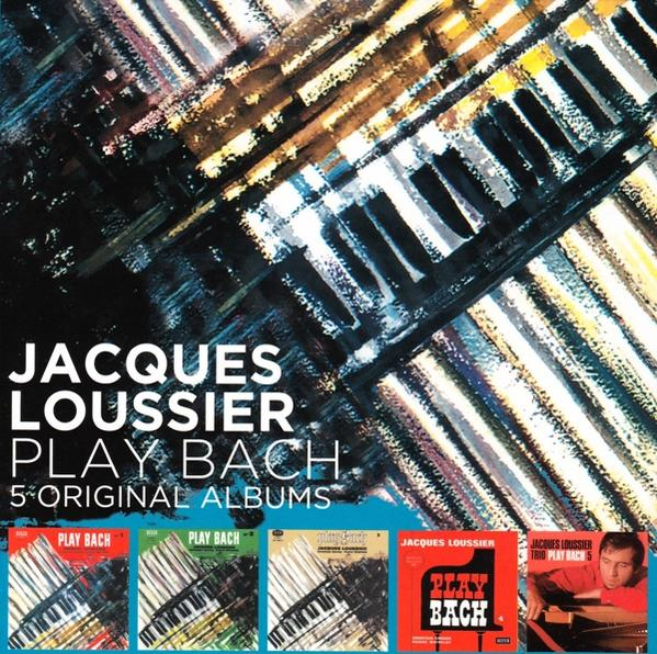 Albumcover mit fünf Albumcovern von "Jacques Loussier Play Bach". Klaviertasten sind im Hintergrund.