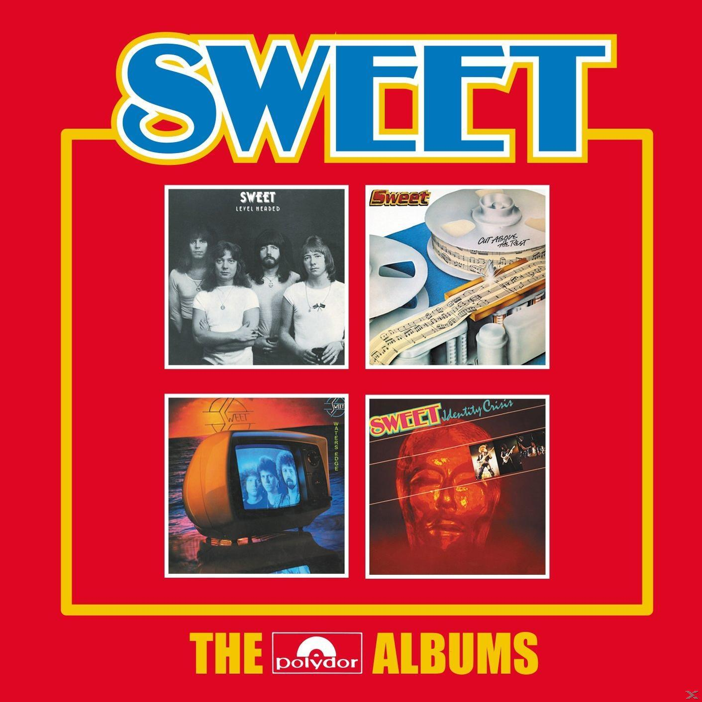 Albumcover für das Compilation-Album von The Sweet. Enthält mehrere Albumcover auf rotem Hintergrund.