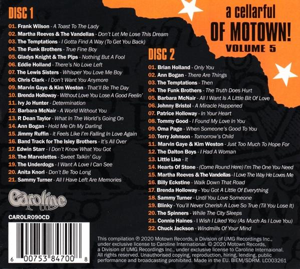 CD-Rückseite mit Songtiteln und Text auf gelbem Hintergrund mit Logo und Foto.