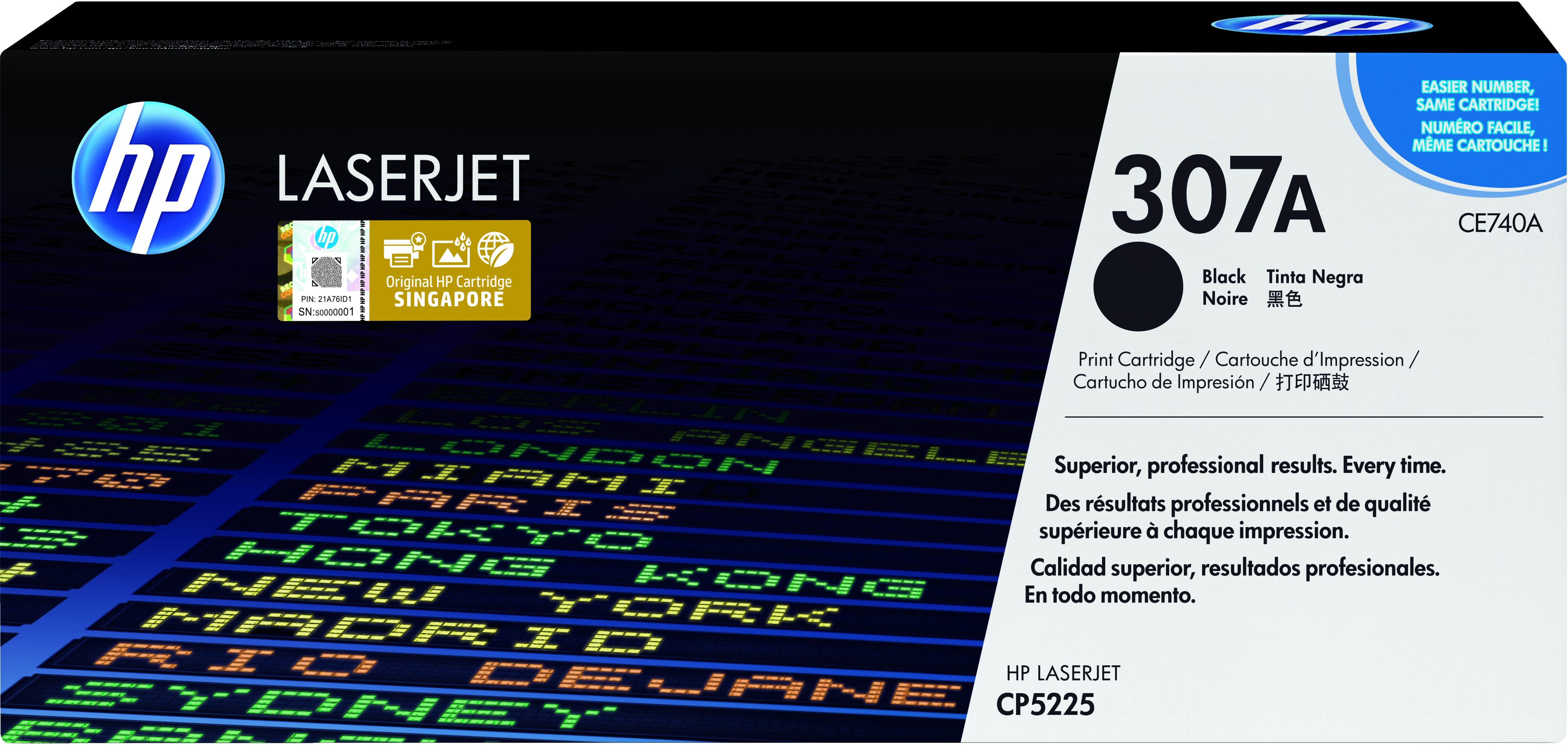 HP LaserJet 307A schwarze Druckpatronenbox. Enthält Produktdetails, Stadtnamen auf dunkelblauem Hintergrund.