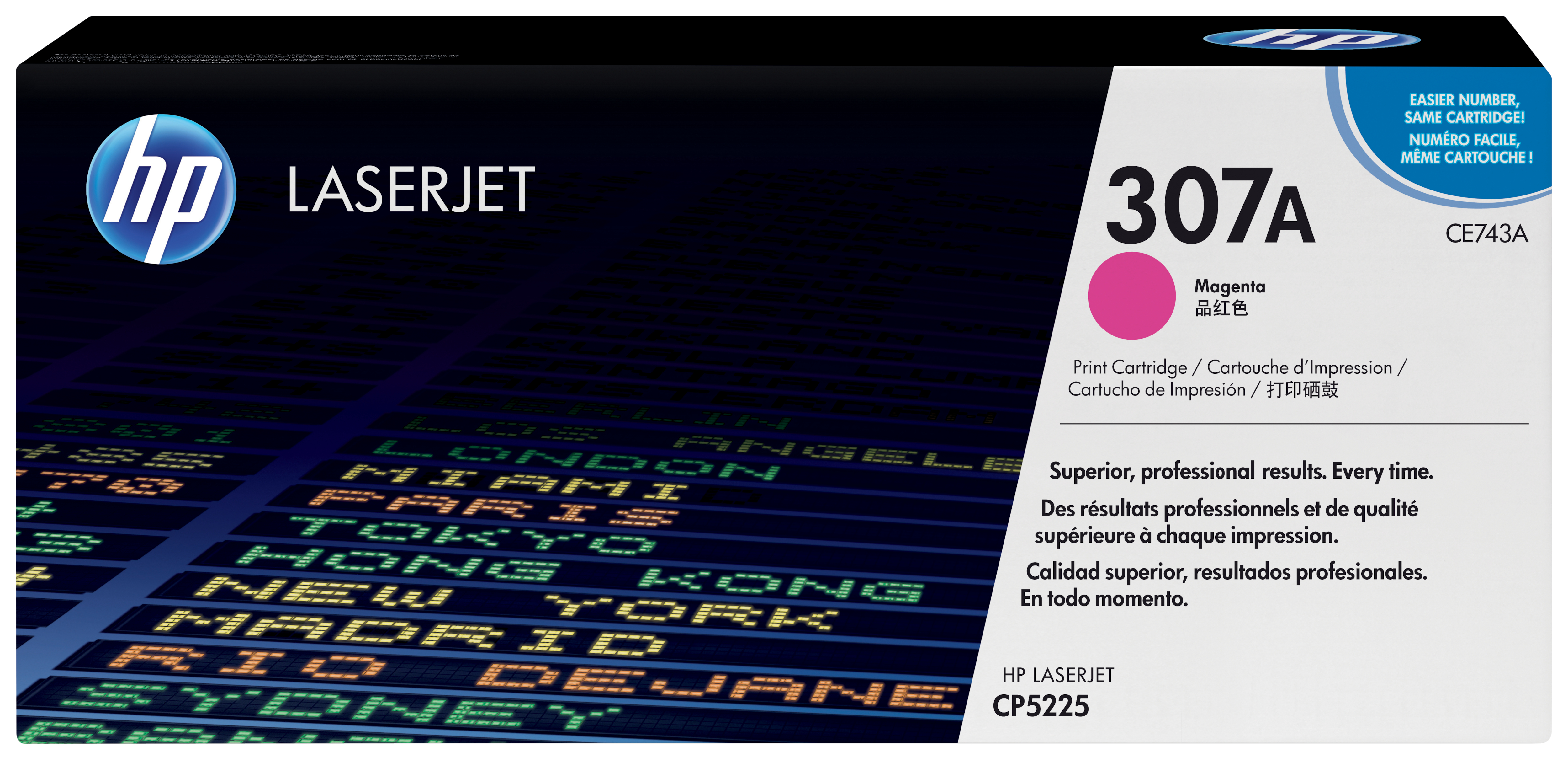 HP LaserJet 307A Magenta-Druckpatronenbox. Enthält HP-Logo, Städtenamen auf einer Tafel und Produktdetails.