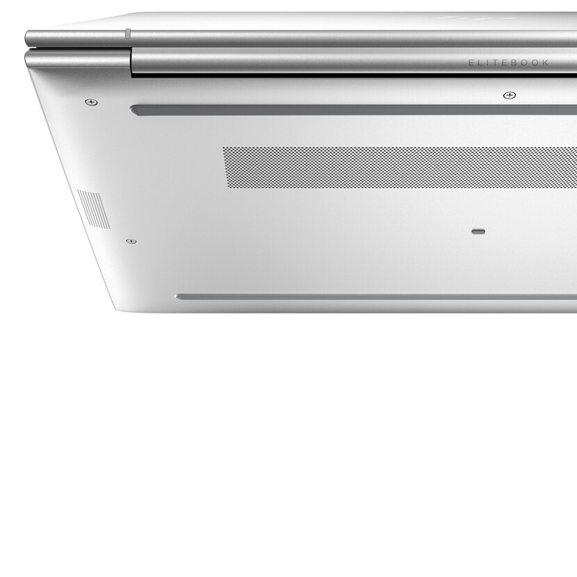 Seitenansicht eines weißen Laptops, die Anschlüsse und das Wort ELITEBOOK zeigt.