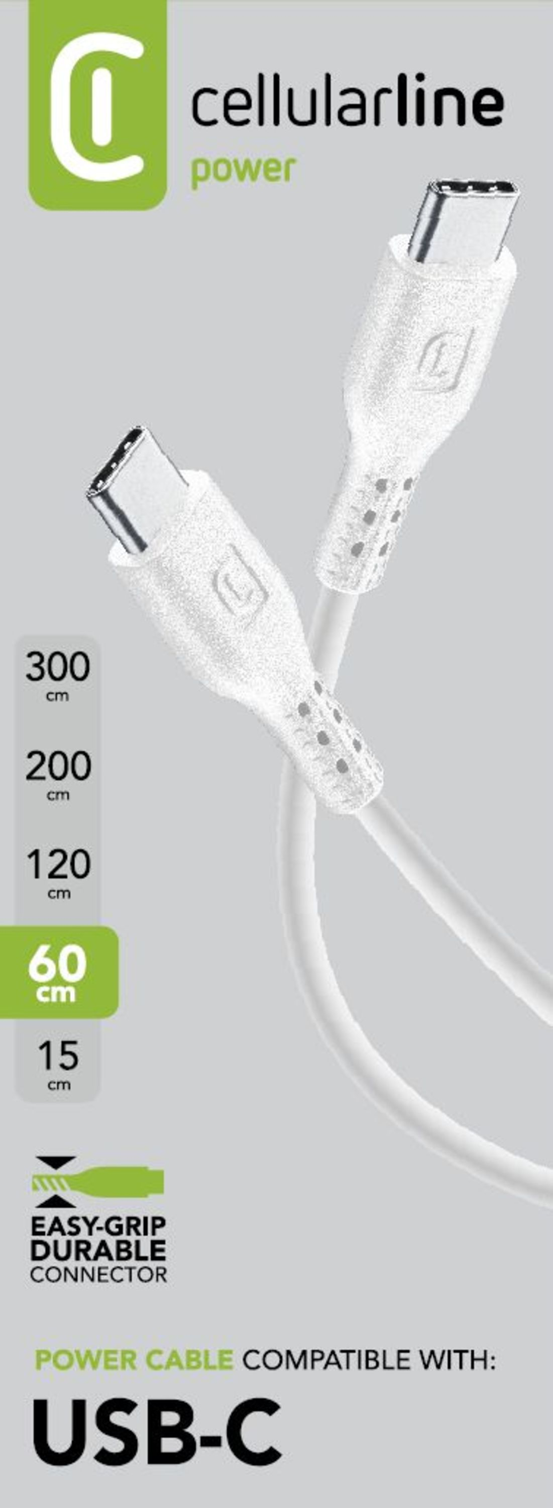 cellularline logosu ve uzunluk işaretleri olan beyaz USB-C güç kablosu.