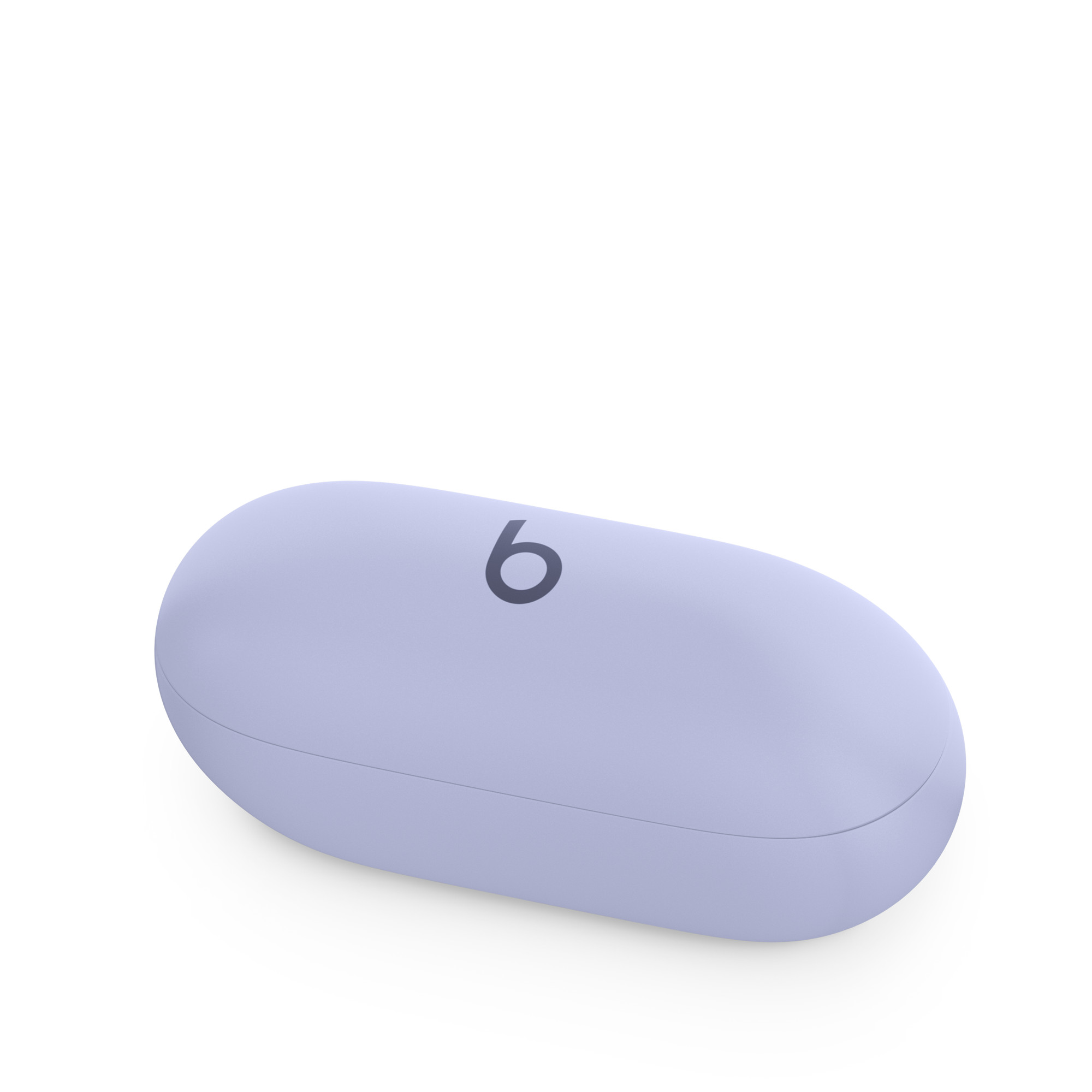 Lila bir kulaklık kutusu kapalı. Üzerinde 'b' sembolü var. Şekli oval.