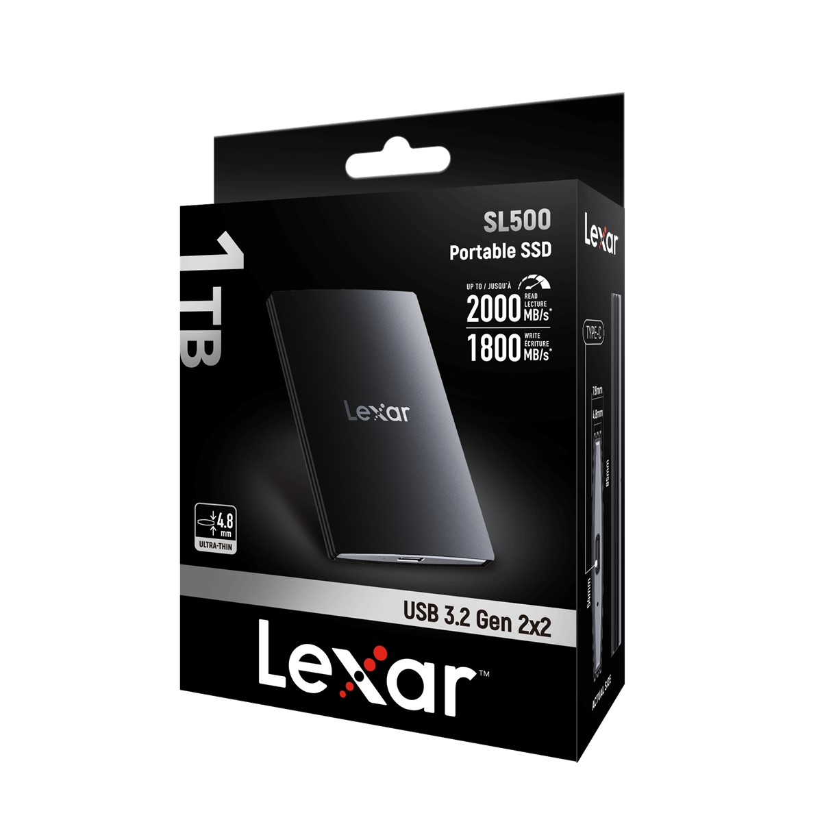 Siyah bir Lexar SL500 Taşınabilir SSD.