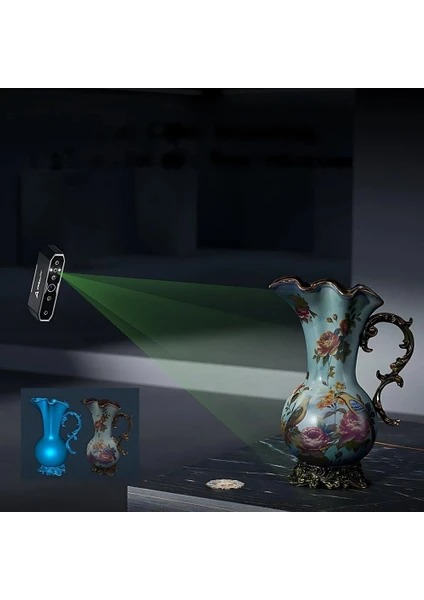 3D tarayıcı, bir vazoya yeşil ışın yayıyor, alternatif vazo görüntüleri ile.