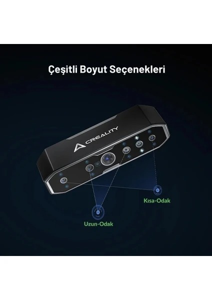 Siyah 3D tarayıcı, 'CREALITY' logosu, 'Çeşitli Boyut Seçenekleri' yazısı ve koyu arka planda mavi vurgular.