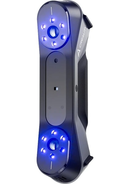 El tipi 3D tarayıcı. Çoklu ışıklar ve siyah bir tutamağı olan koyu mavi.