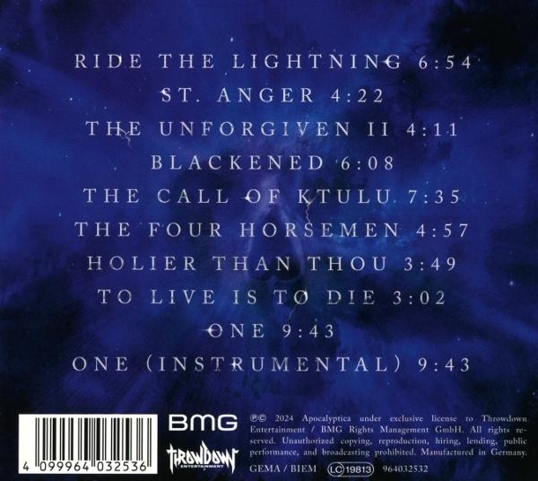 CD-Rückseite mit blauem Hintergrund, Songtiteln und Bandlogo.