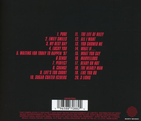 Rückseite eines CD-Covers mit Trackliste und Text in Rot und Weiß.