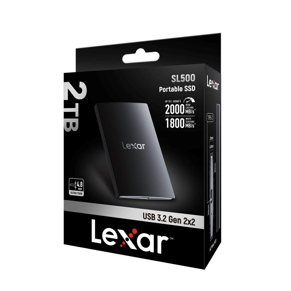 Siyah Lexar harici sabit disk kutusu, ürün detayları ve bir USB logosu ile.