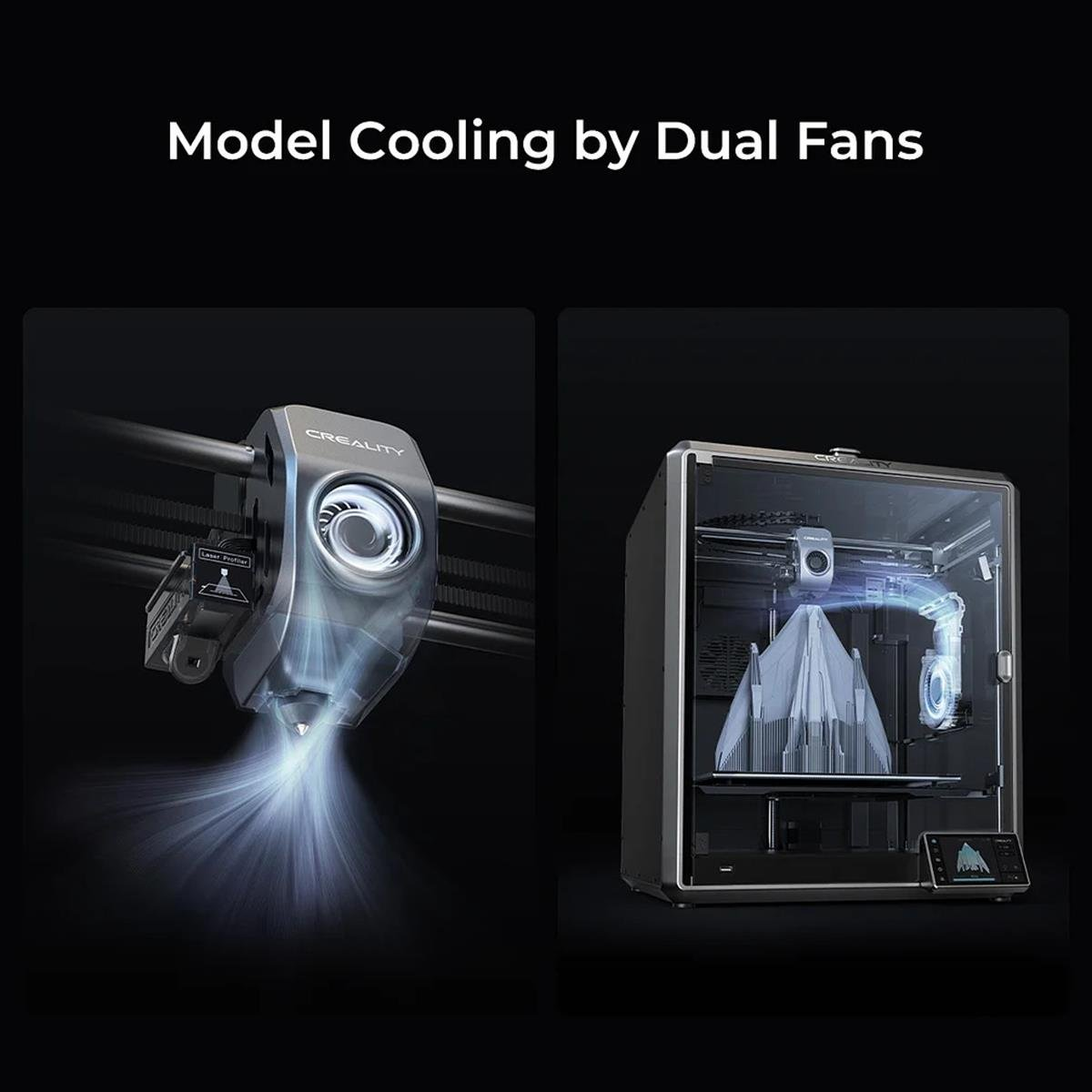 Nozülü soğutan çift fanlı bir 3D yazıcı.