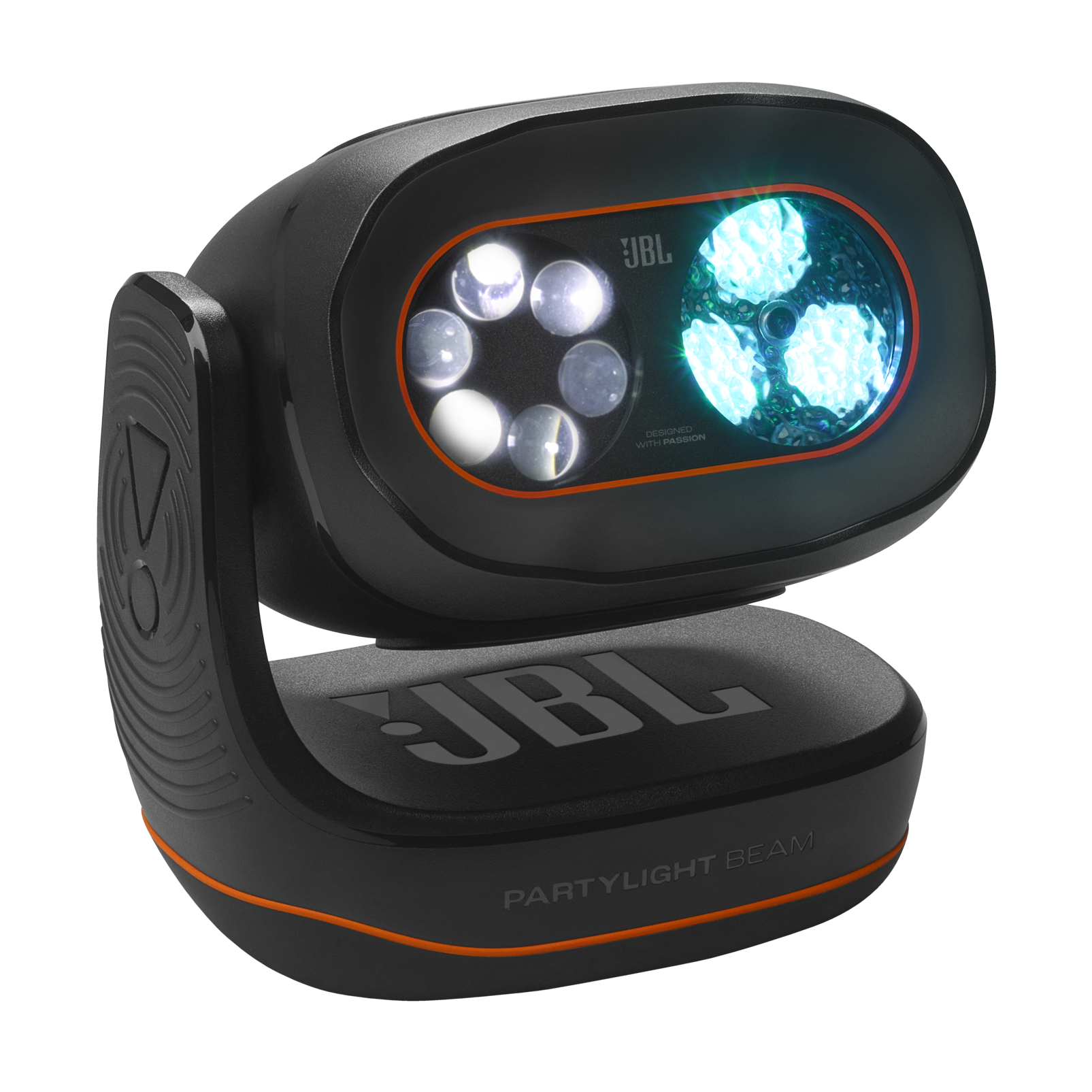 Siyah ve turuncu bir JBL PartyLight Beam. Çoklu ışıkları var. Siyah bir yüzey üzerinde.
