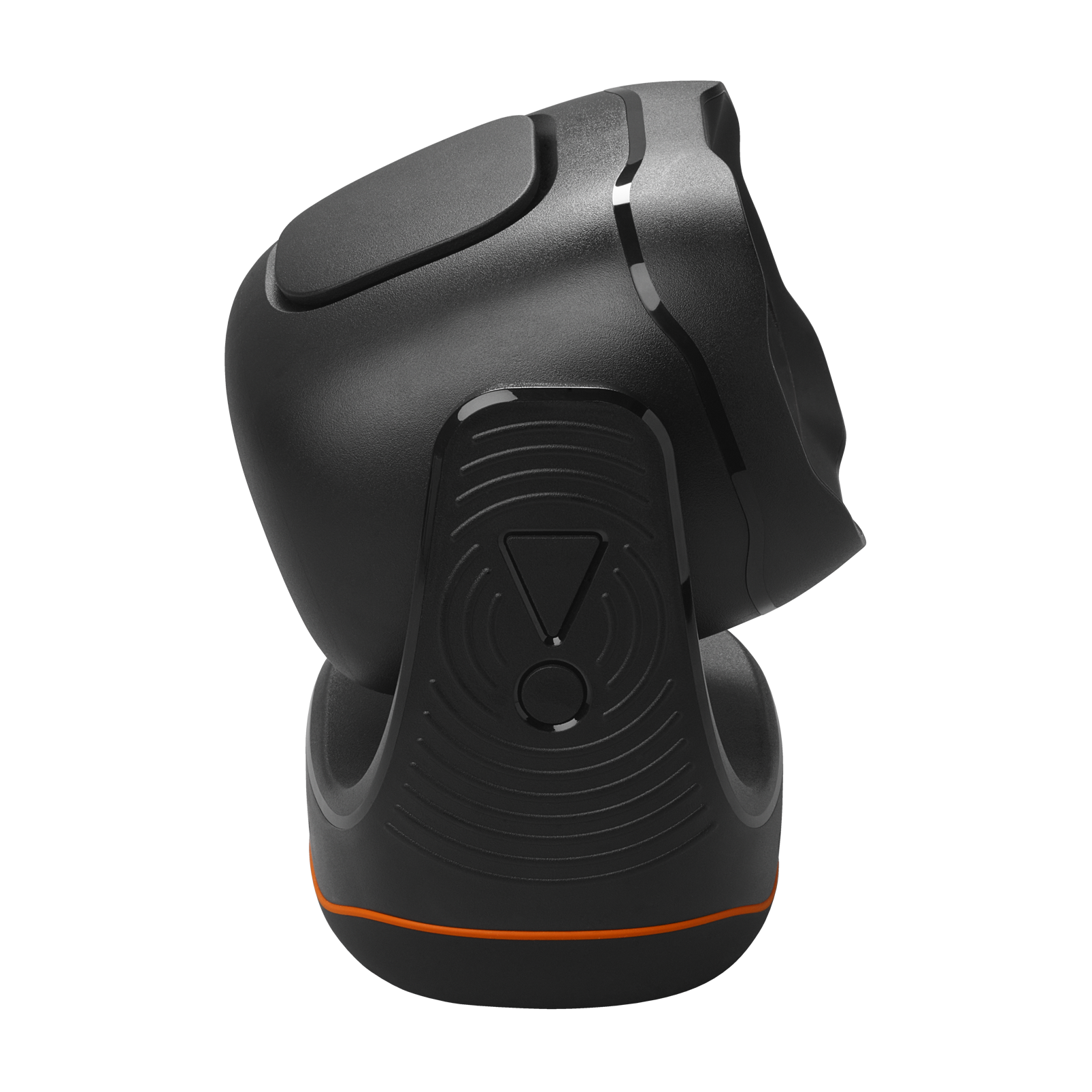 Siyah bir JBL PartyLight Beam. Arka görünüm. Turuncu bir şeritle siyah bir standı var.