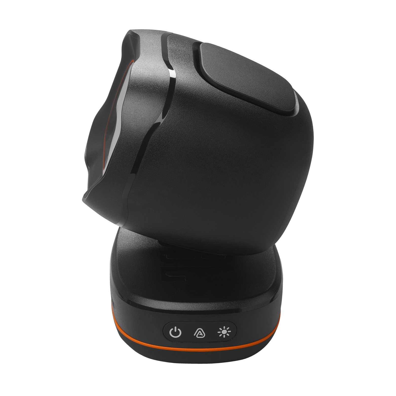 Siyah bir JBL PartyLight Beam. Yan görünüm. Turuncu bir şeritle siyah bir standı var.