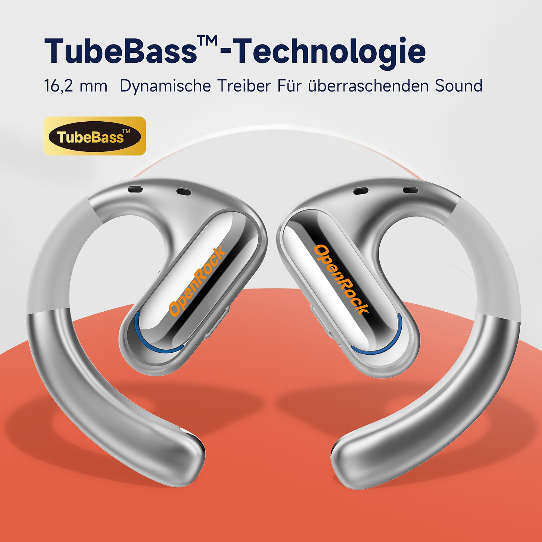 Silberne OpenRock-Kopfhörer. TubeBass-Technologie. Weiße Akzente, orangefarbener Hintergrund.