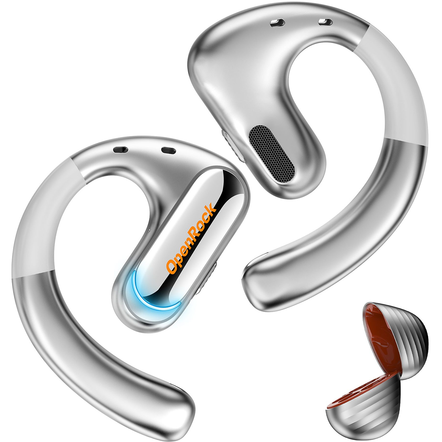 Silberne Ohrhörer mit geschwungenem Design. Marke OpenRock, oranger Text. Ladecase braun.