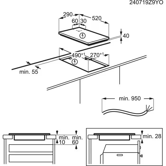Diagramm zeigt Abmessungen für die Installation eines Küchengeräts. Maße in Millimetern, einschließlich Breite, Tiefe und Mindestabstände.