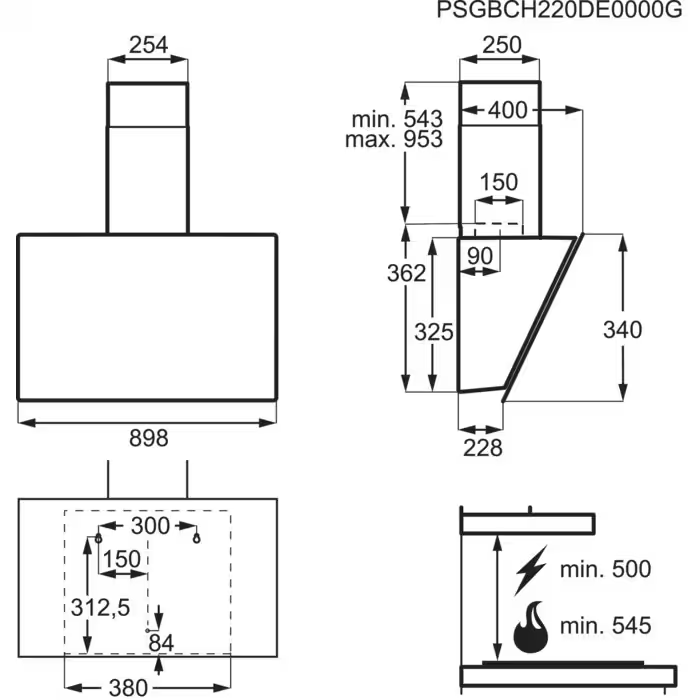 Technische Zeichnung einer Küchenhaube mit Abmessungen und Designspezifikationen in einem Diagramm.