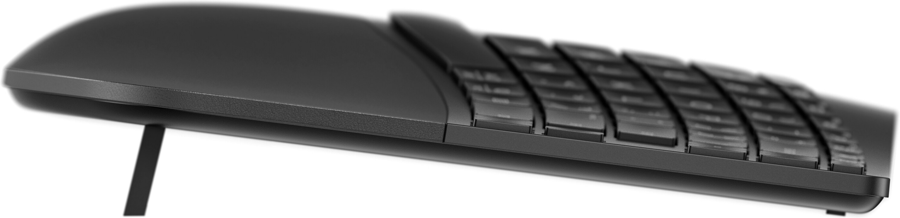 A black keyboard with a raised back and a kickstand.