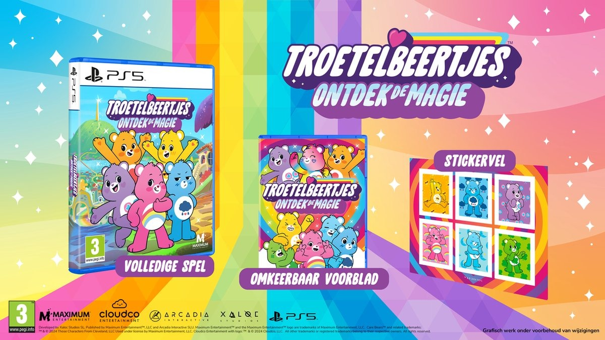 Boîte de jeu PS5 des Bisounours et planche d'autocollants. Fond coloré.