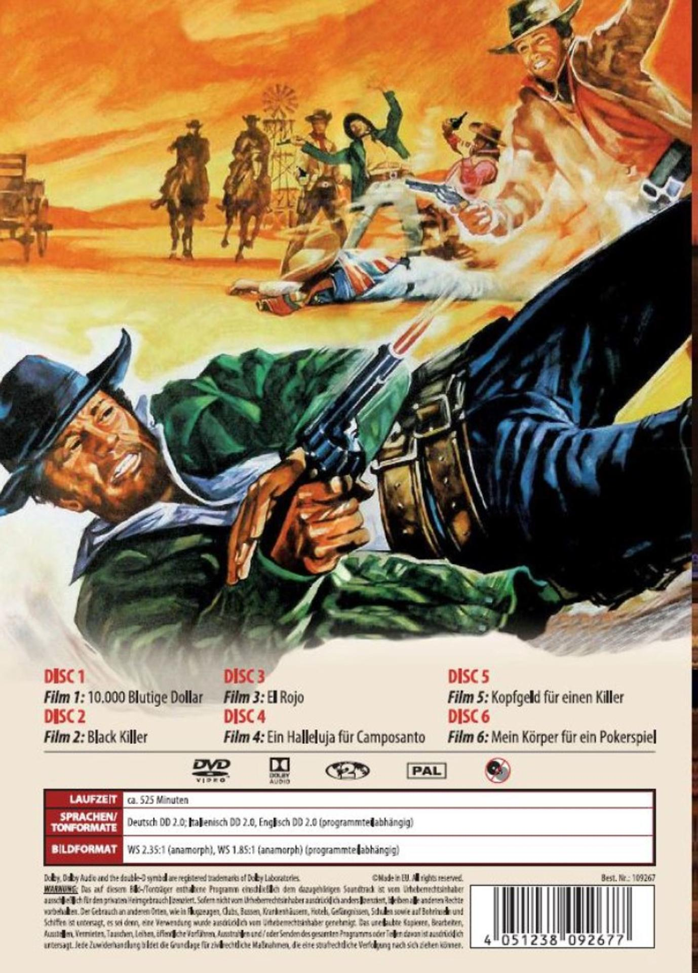 Ein Filmplakat mit einem Cowboy, der eine Waffe abfeuert. Im Hintergrund reiten andere Cowboys auf Pferden.