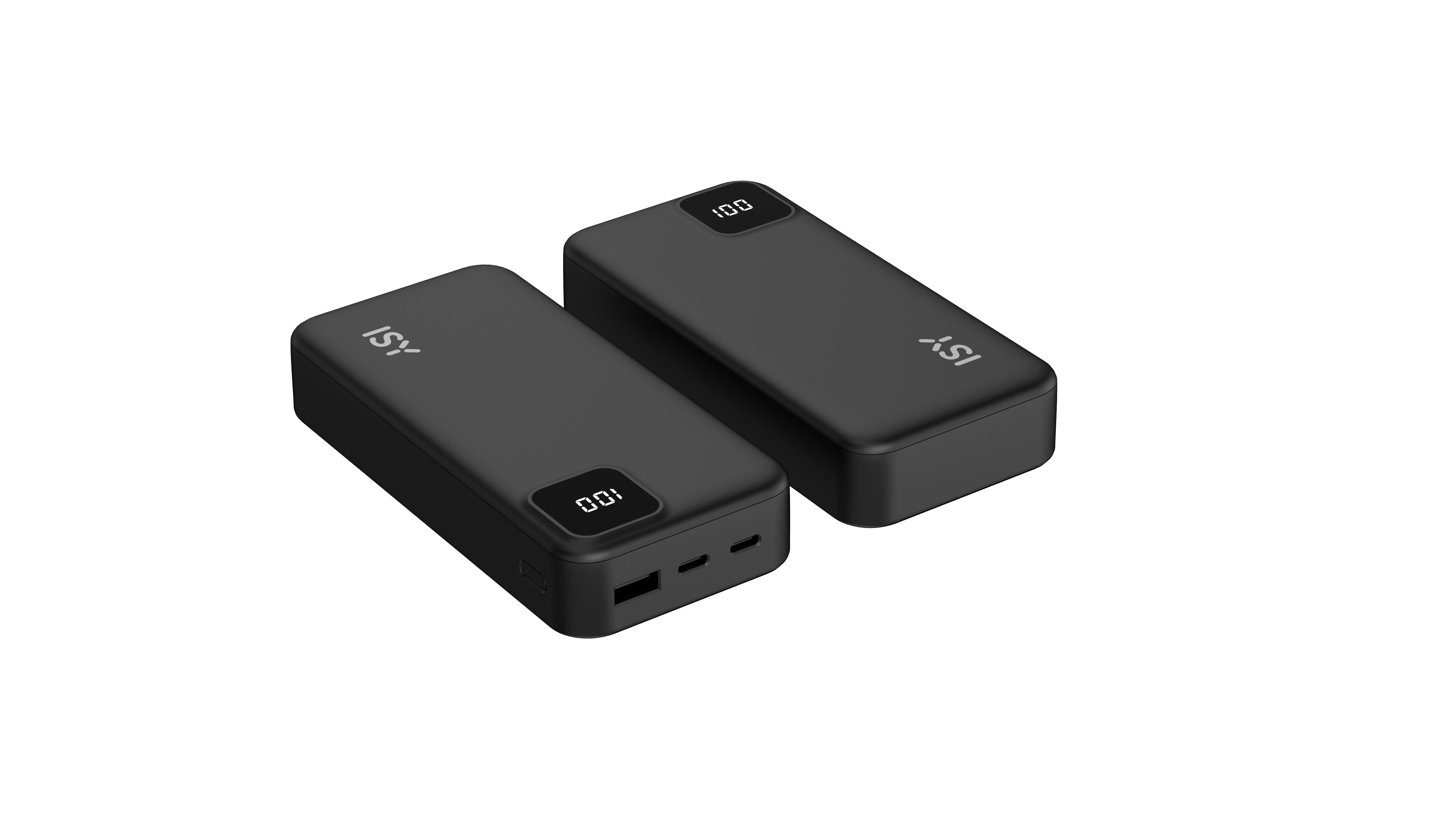 Zwei schwarze Powerbanks mit Digitalanzeigen. Eine zeigt 001, die andere 100. Weißer Hintergrund.