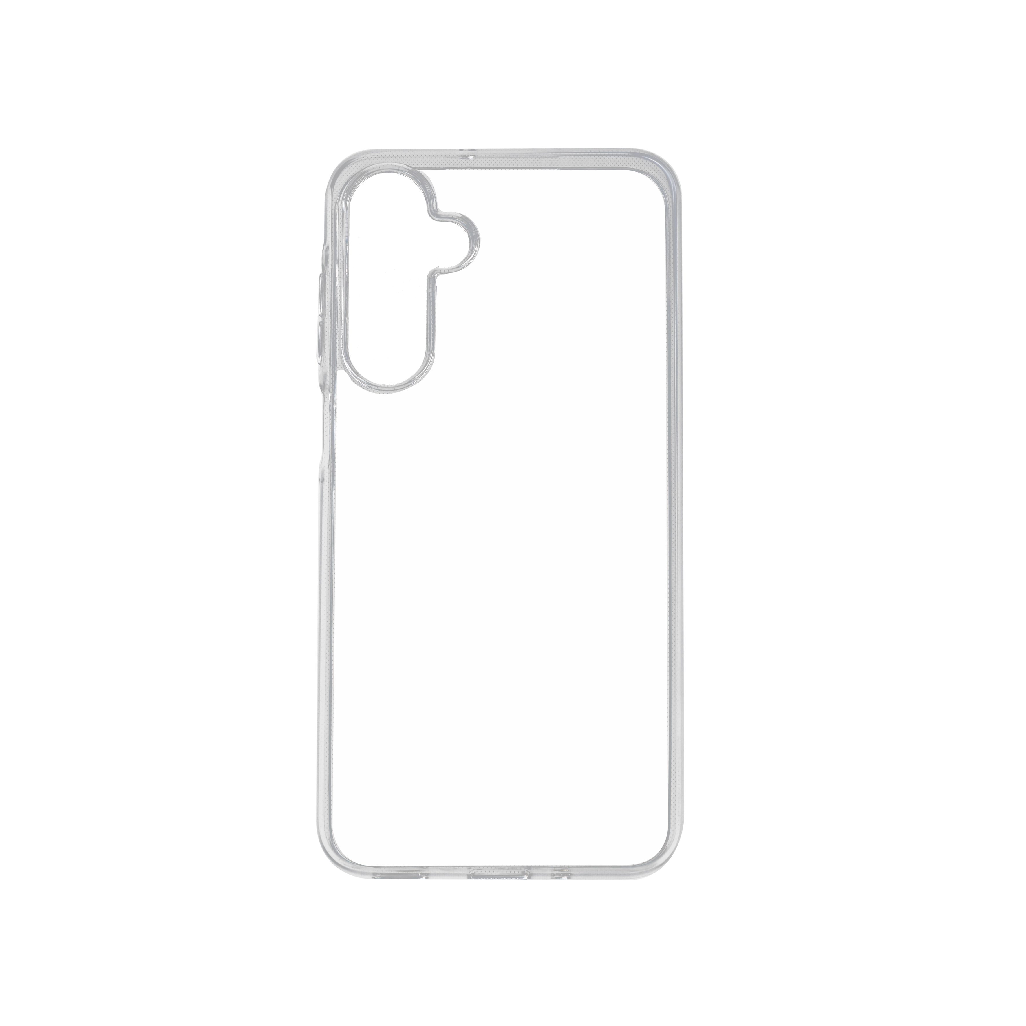 Transparente Handyhülle auf weißem Hintergrund, geformt für ein Smartphone.