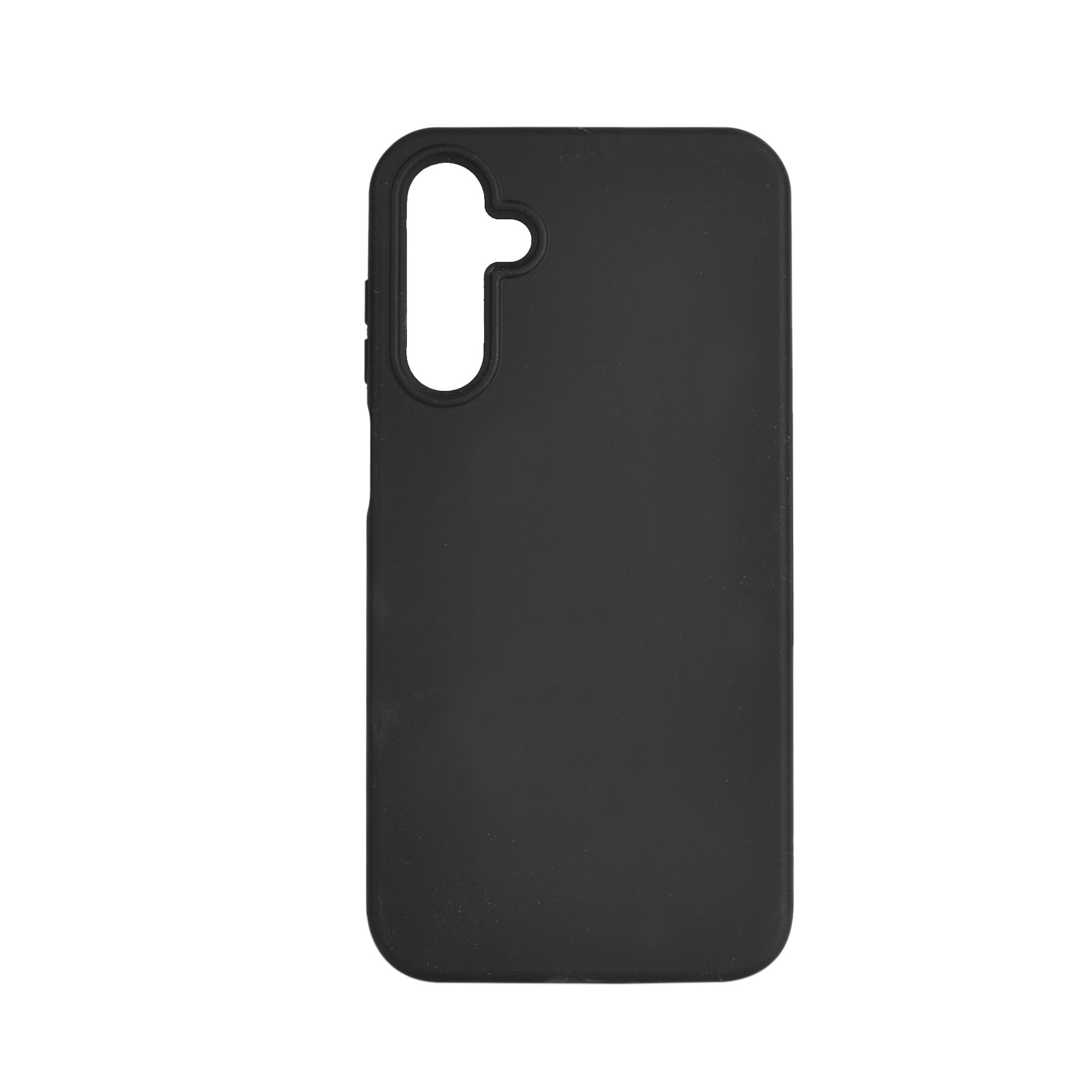 Eine schwarze Handyhülle mit Aussparungen für Kamera und Tasten. Weißer Hintergrund.