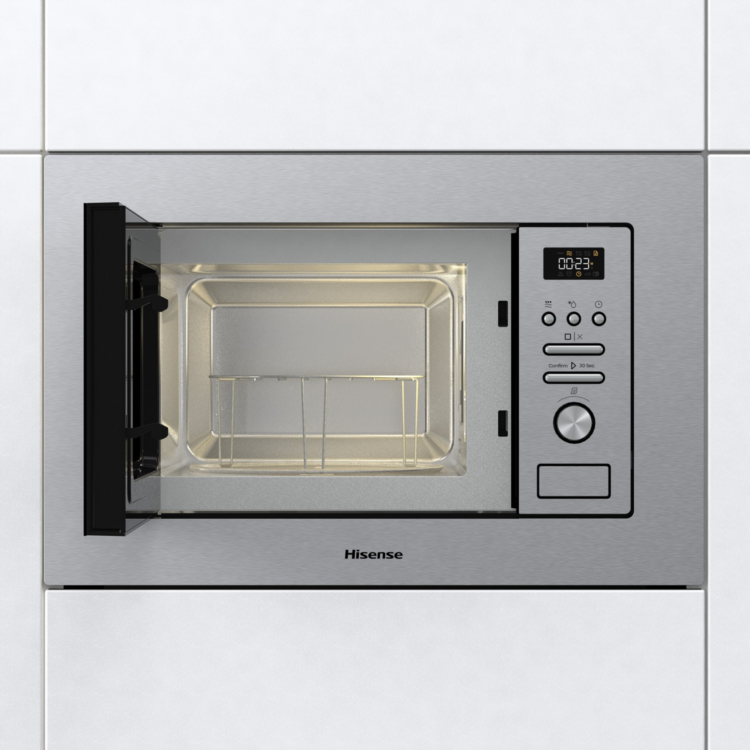 Microondas empotrado con la puerta abierta, mostrando el interior y el panel de control.