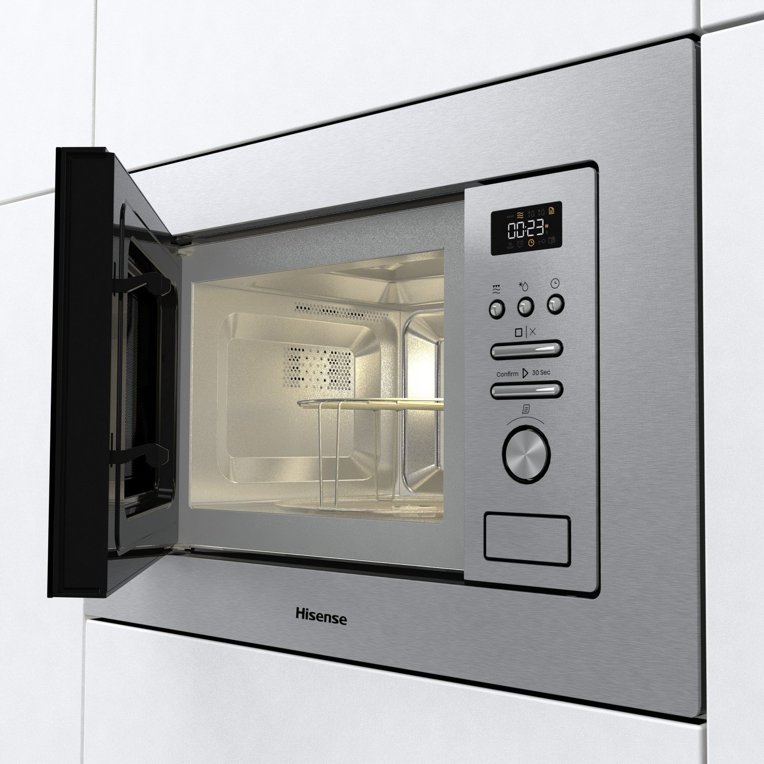 Microondas empotrado con la puerta abierta, mostrando el interior y el panel de control.