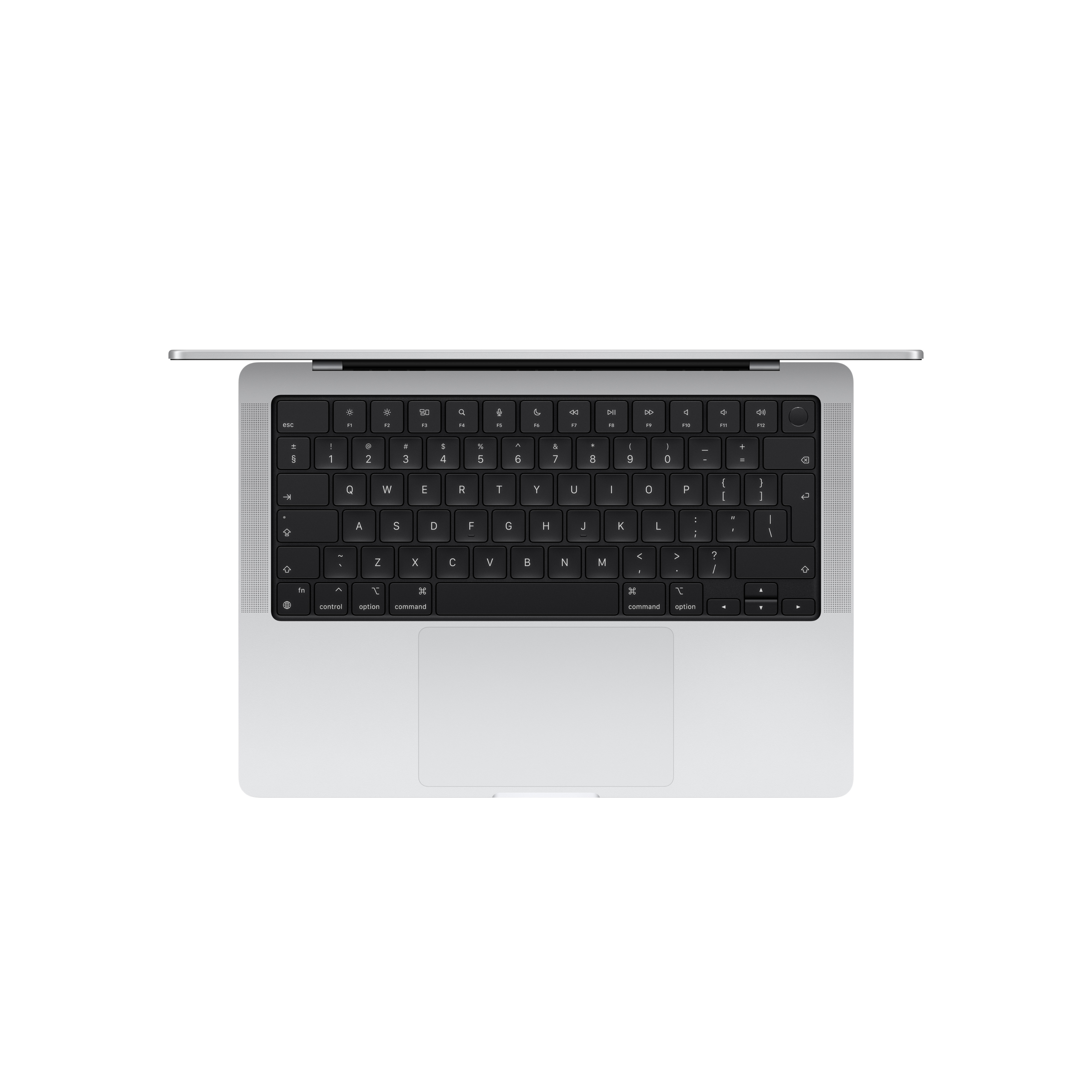 Laptop-Tastatur, Draufsicht. Silberner Rahmen mit schwarzen Tasten und einem Trackpad.