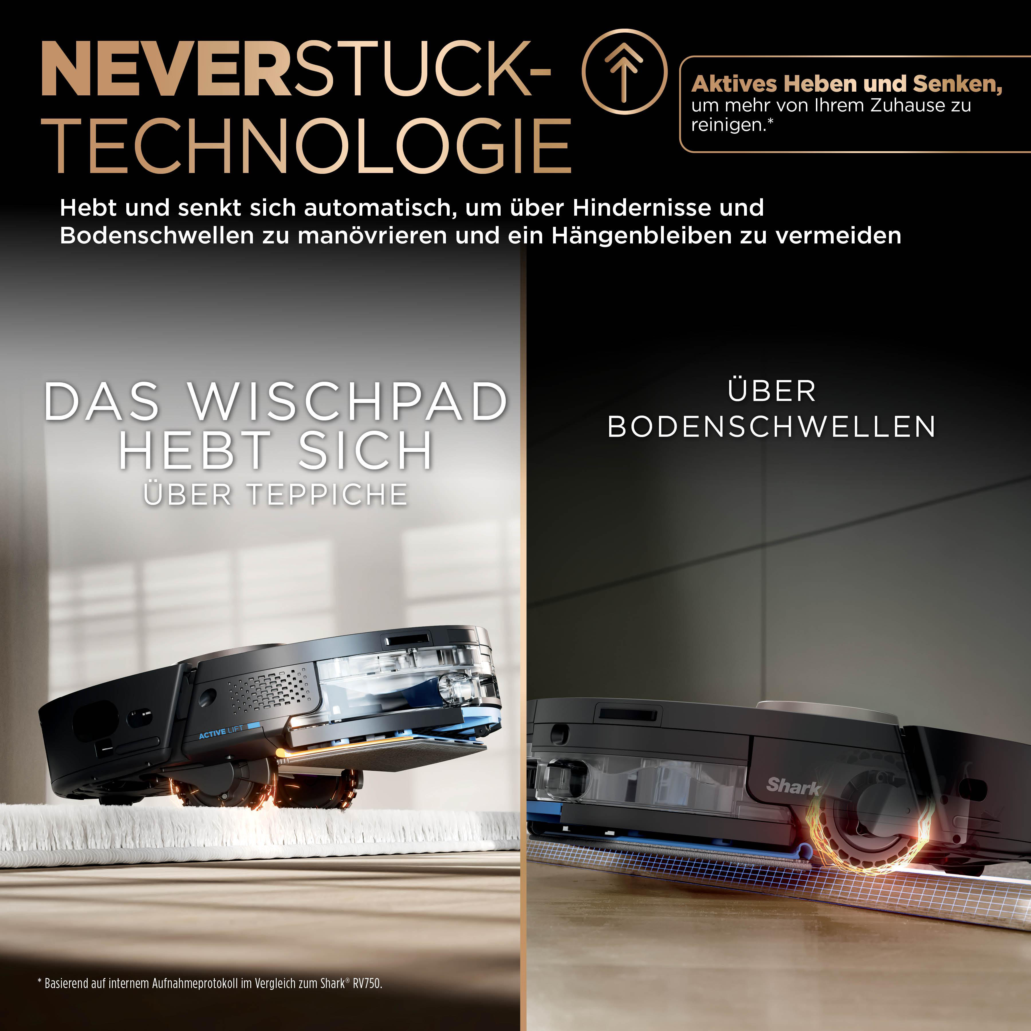 Staubsaugerroboter hebt sich auf einem Teppich, Text über Technologie.