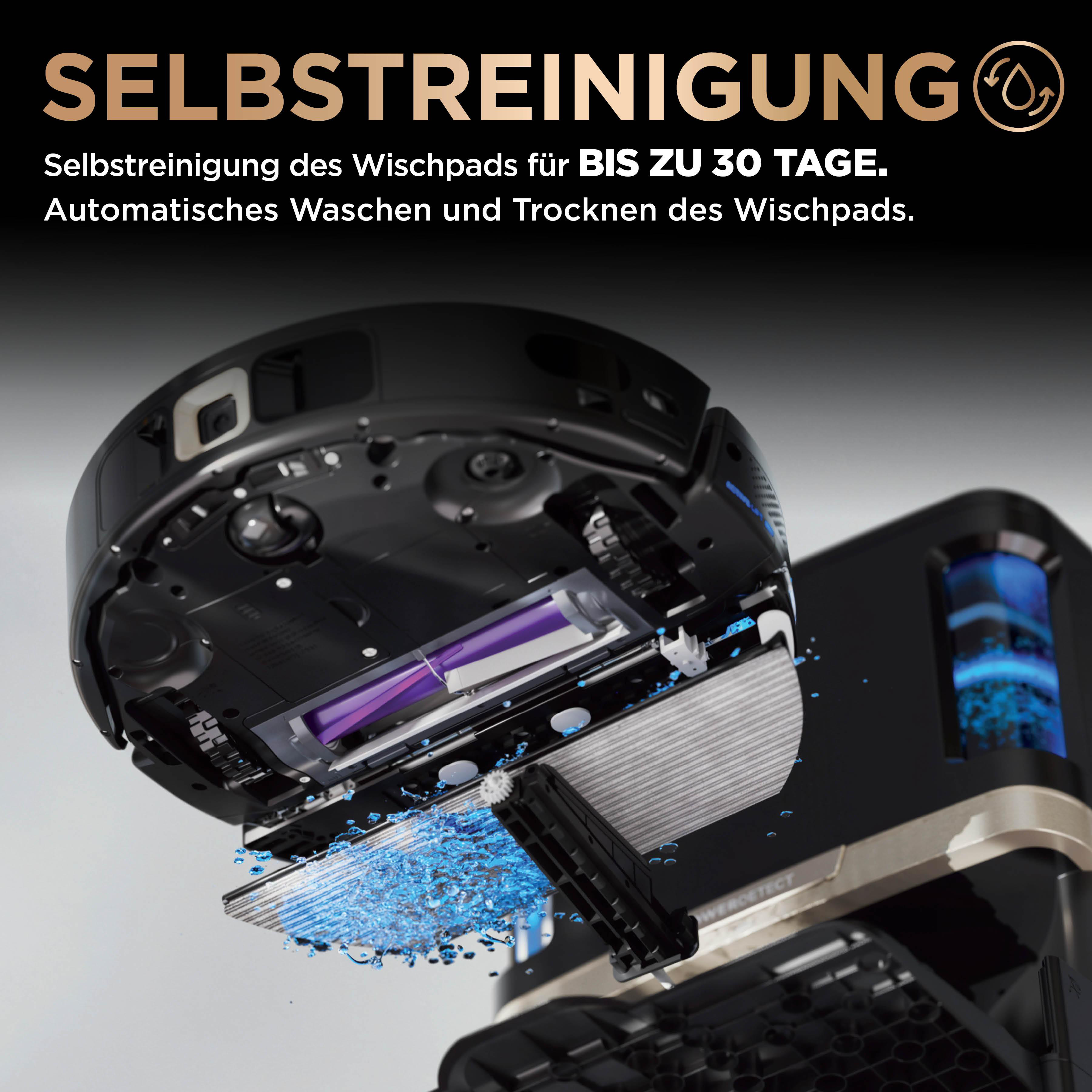 Roboter-Staubsauger mit offenem Boden, der Innenteile und das Reinigungspad zeigt.