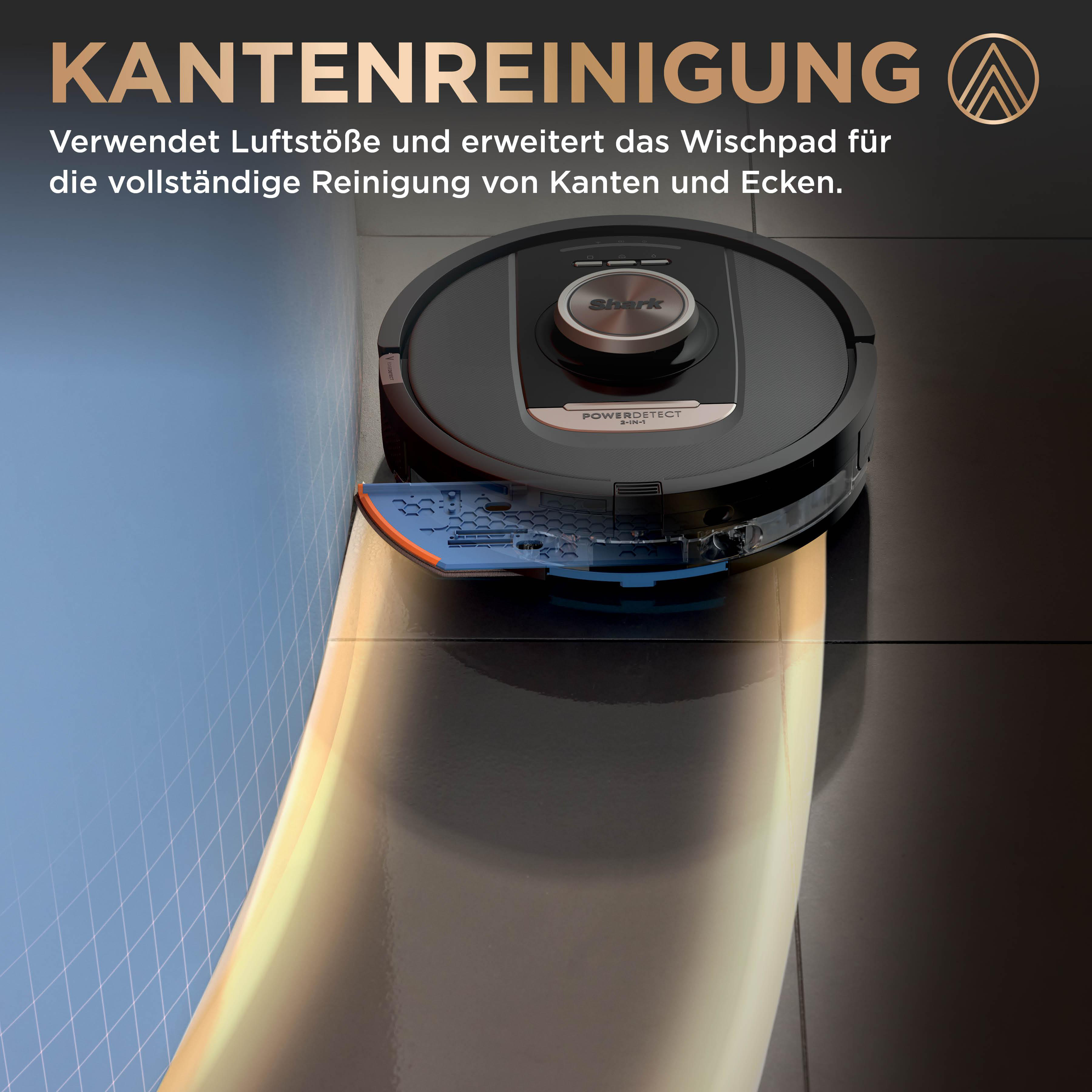 Roboter-Staubsauger reinigt eine Ecke auf einem glänzenden Boden, mit blauem Licht.