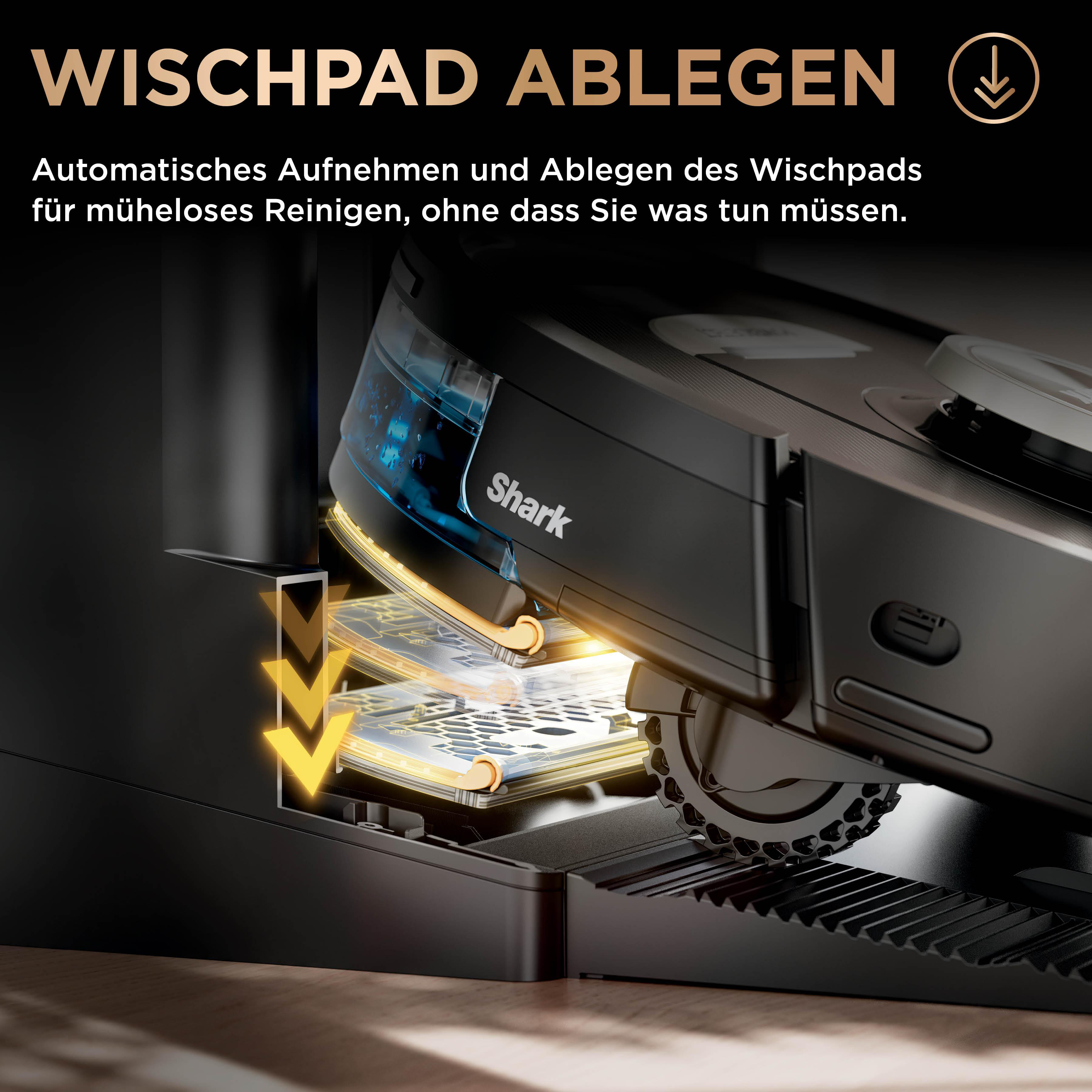 Ein Roboter-Staubsauger mit einem Reinigungspad wird in seine Ladestation gestellt. Der Text ist auf Deutsch.