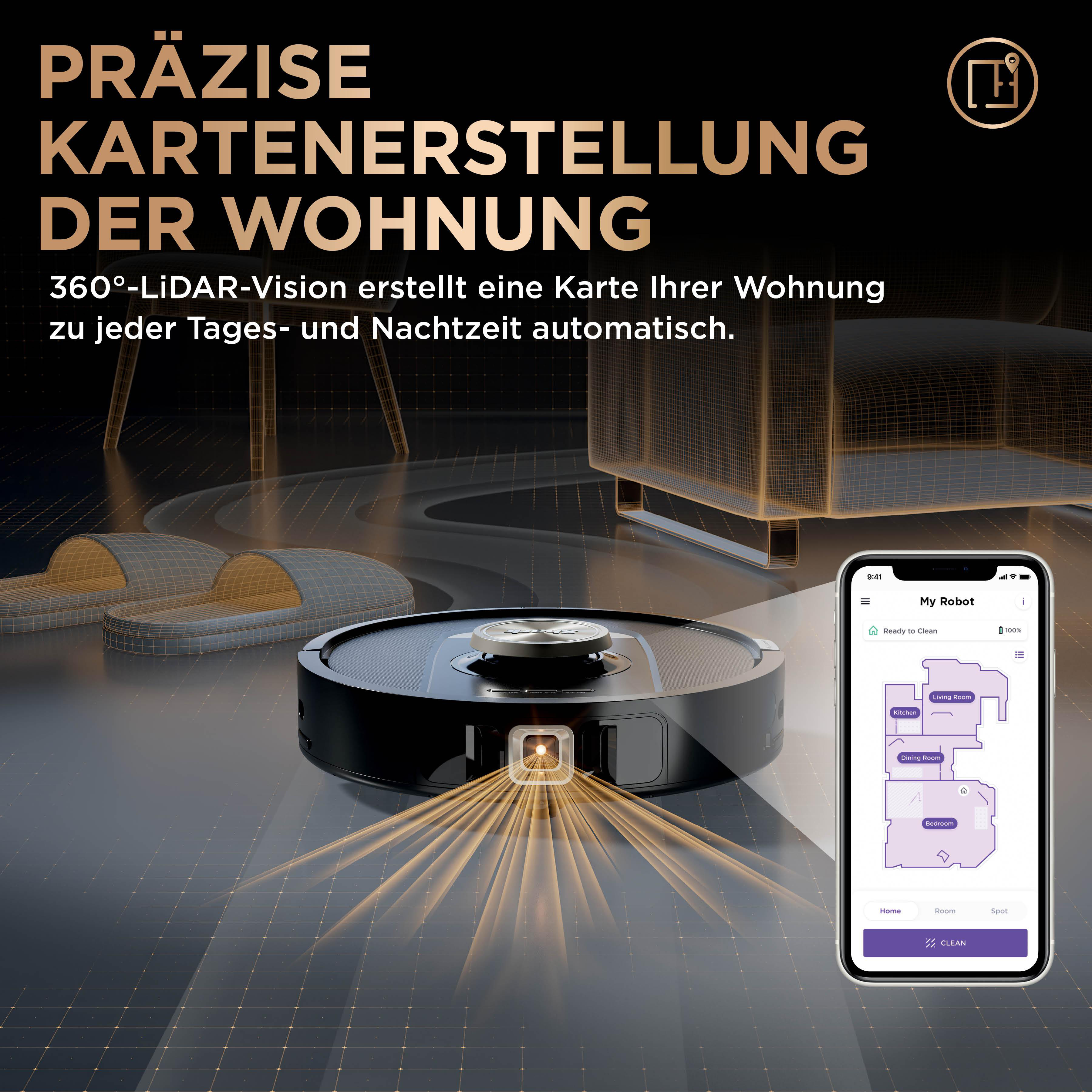 Roboter-Staubsauger mit Telefon, das eine Hauskarte mit Möbeln und Karte zeigt.