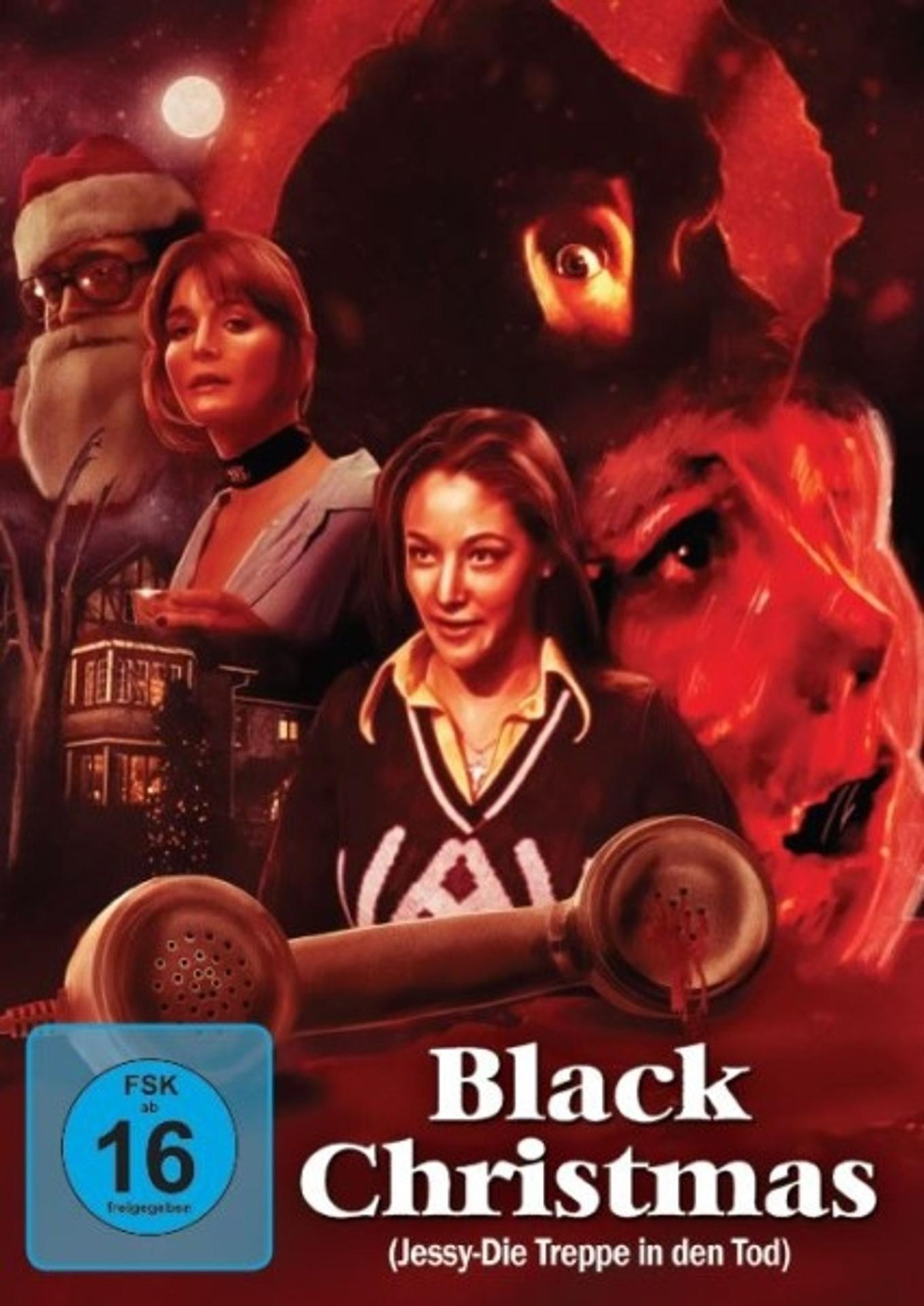 Filmplakat. Frauen und der Weihnachtsmann im Hintergrund. Text: Black Christmas. Ein Telefonhörer im Vordergrund.