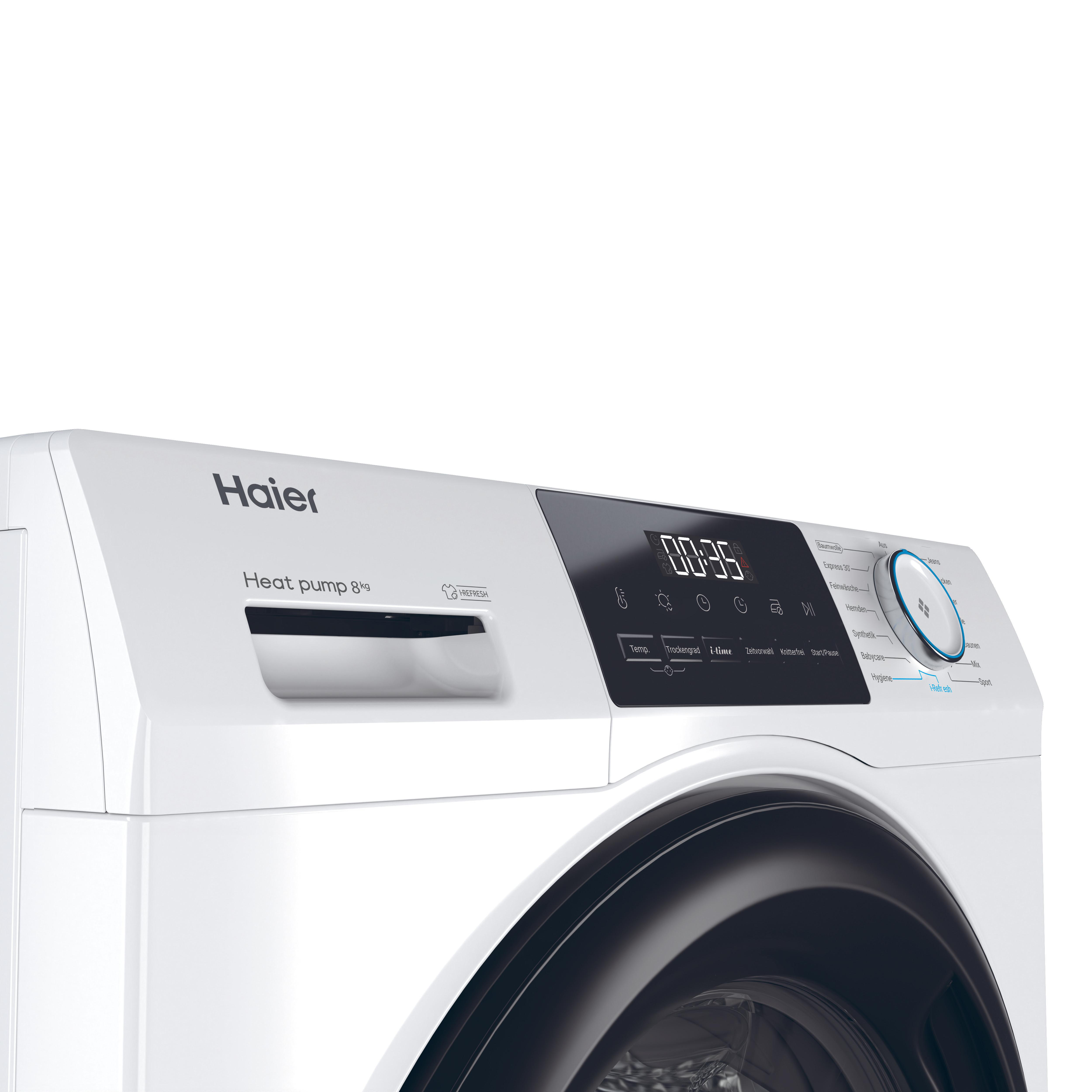 Nahaufnahme des Bedienfelds eines weißen Haier-Trockners, die Anzeige und die Tasten zeigend. Der Hintergrund ist weiß.